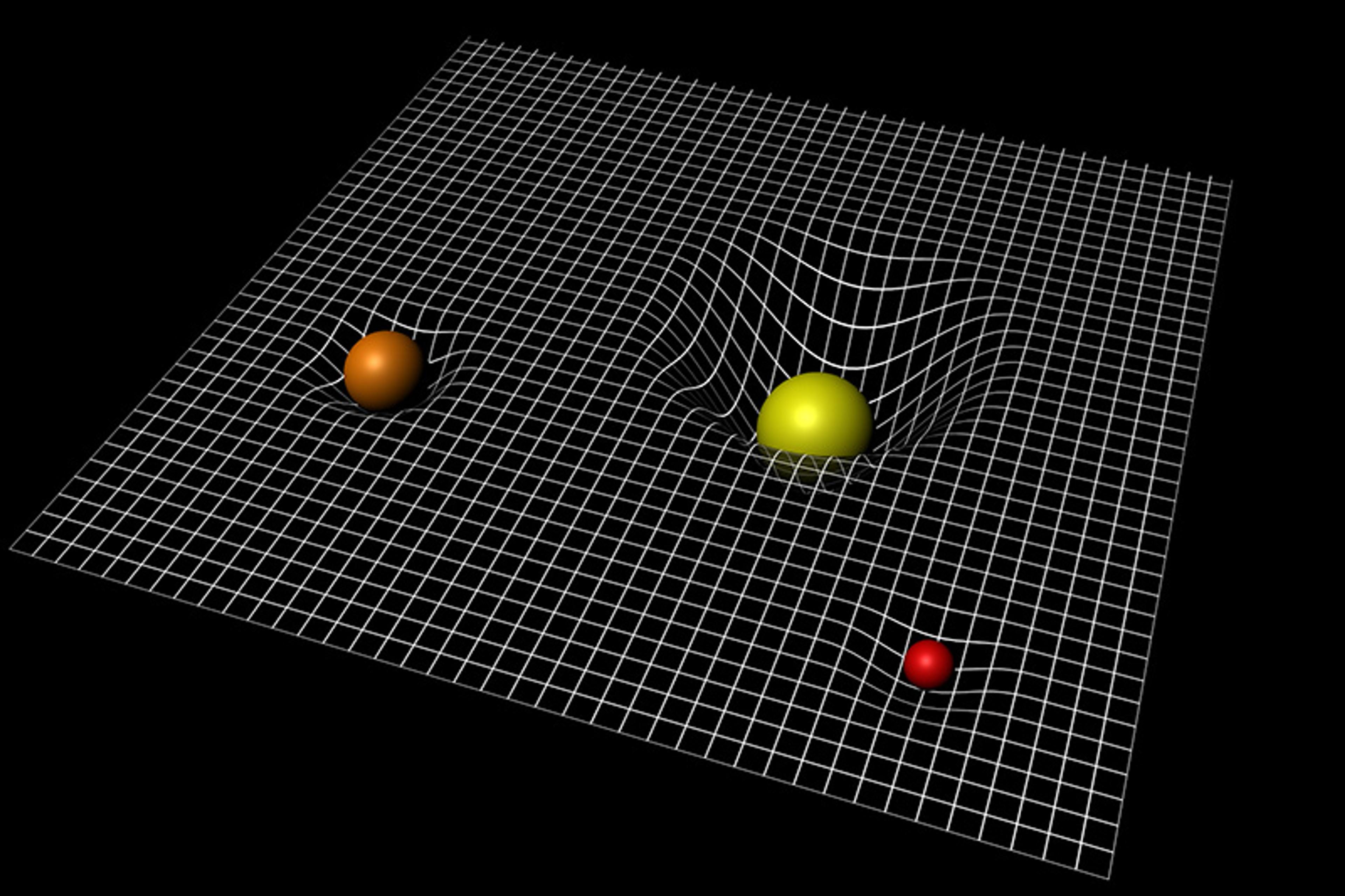3D illustration of a grid with three differently sized spheres creating dips in the grid, on a dark background.