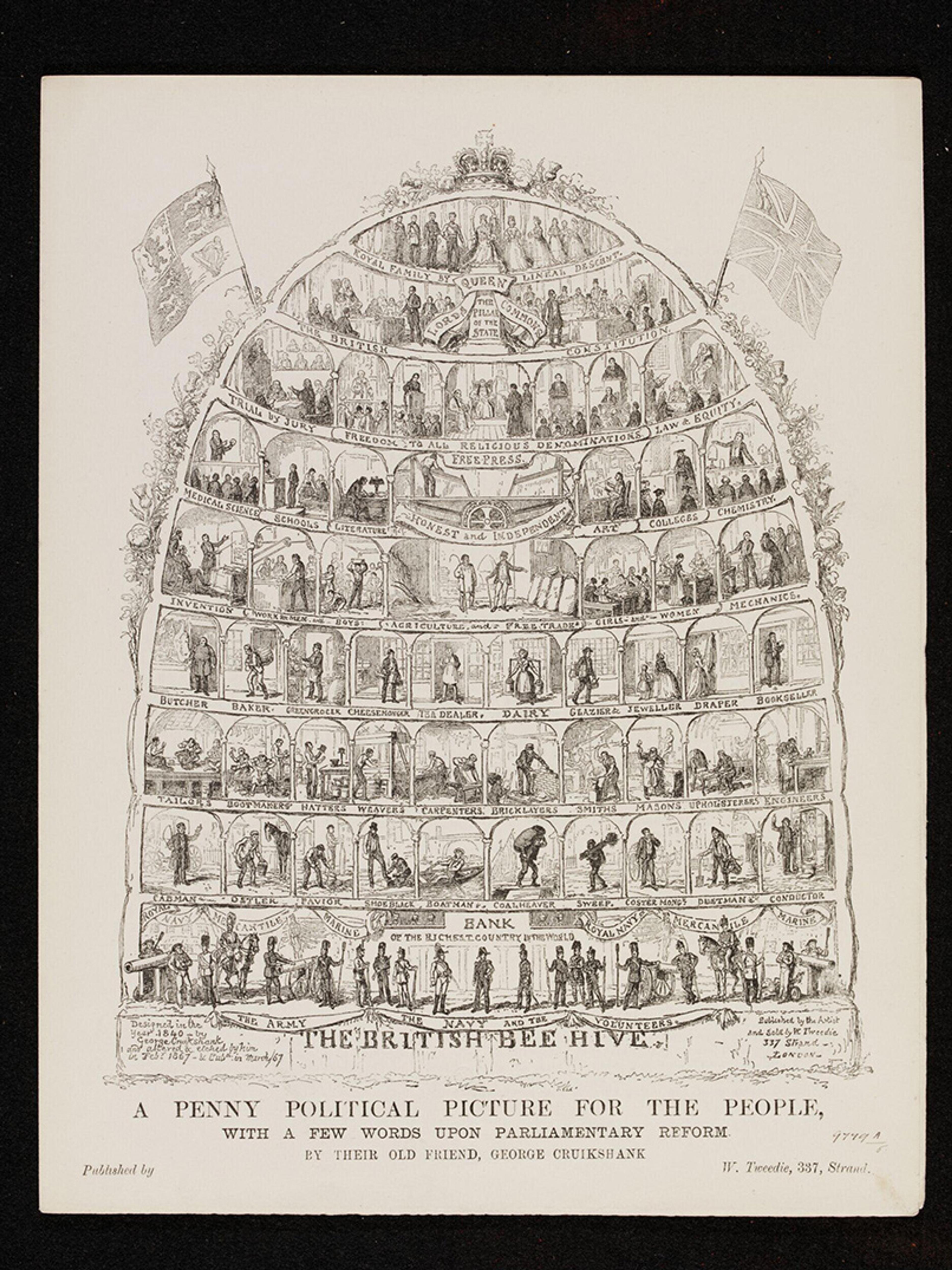 Engraving of a hierarchical bee hive with various professions symbolising British society, titled “The British Bee Hive”.