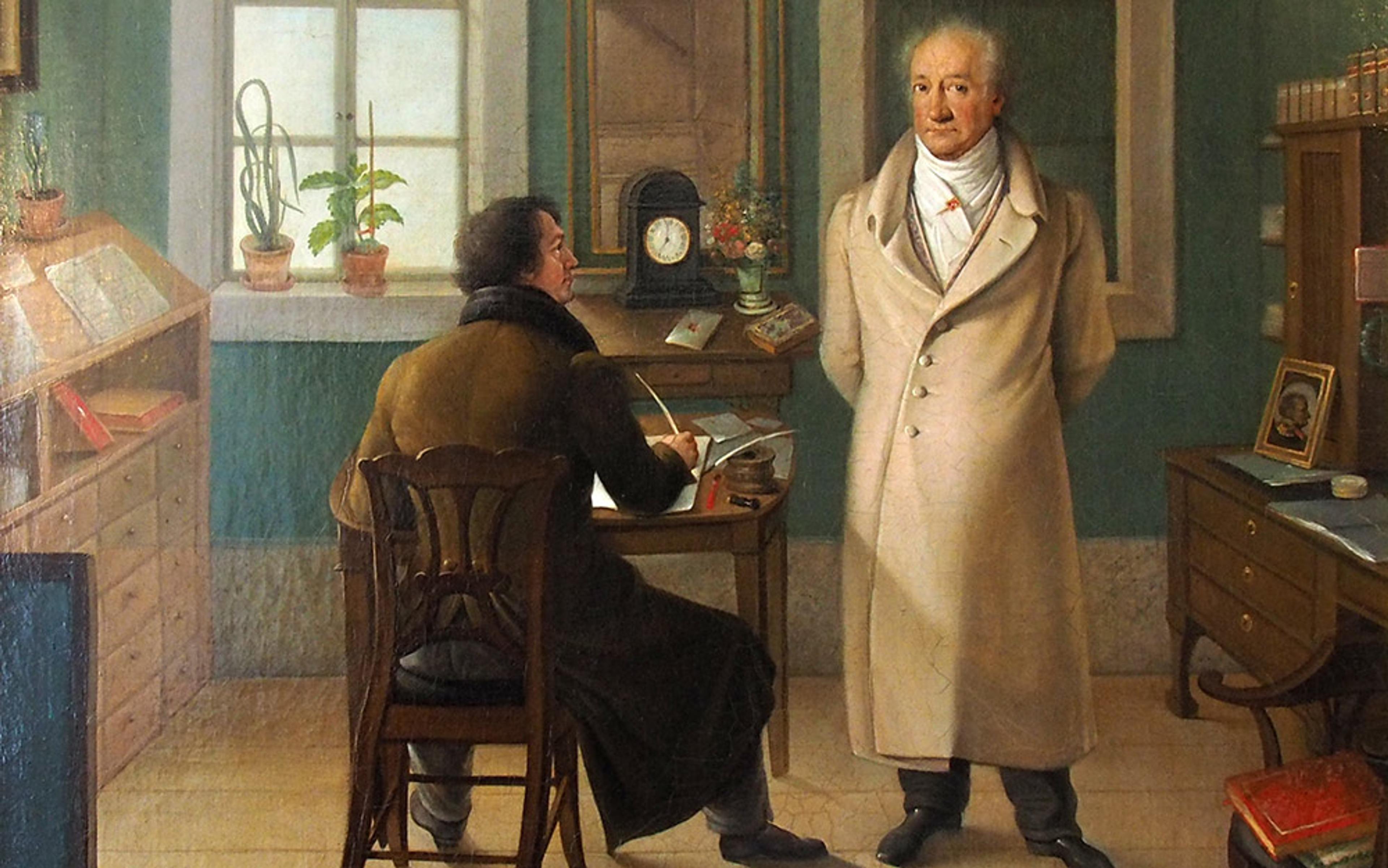 Historic painting of a man sitting at a desk writing while another stands nearby in an office with books, plants and a clock on the window sill.