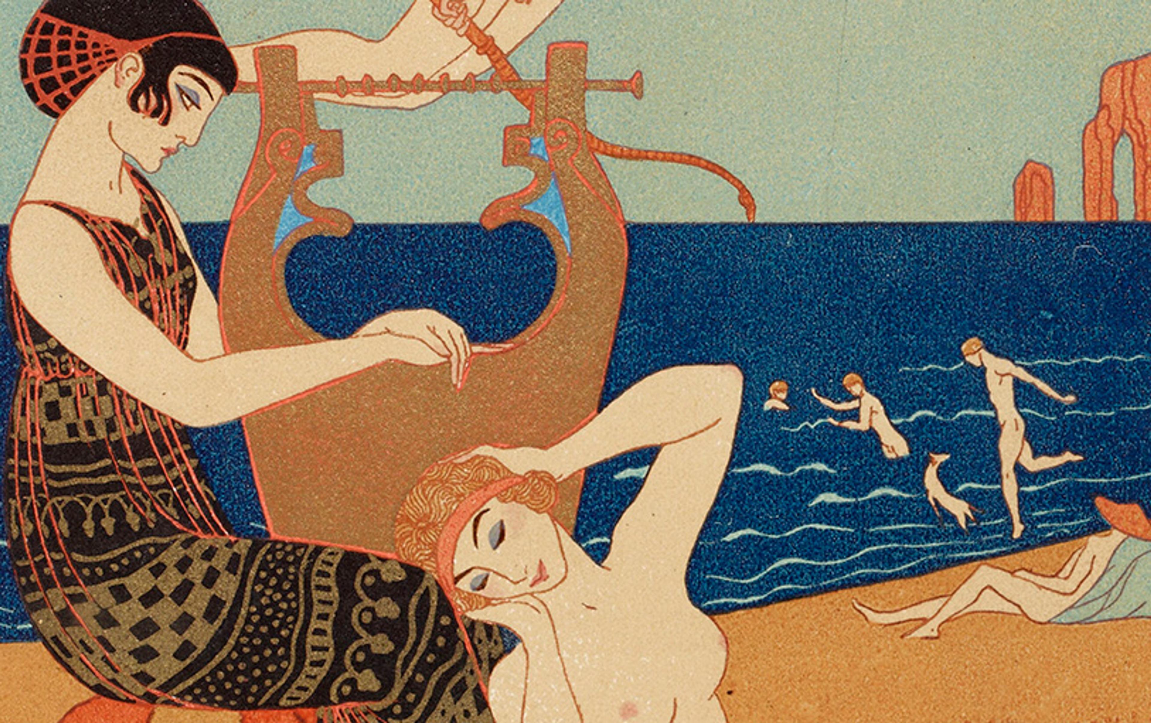 Art Nouveau painting of people by the sea, with a woman playing a lyre and others swimming and relaxing on the beach.