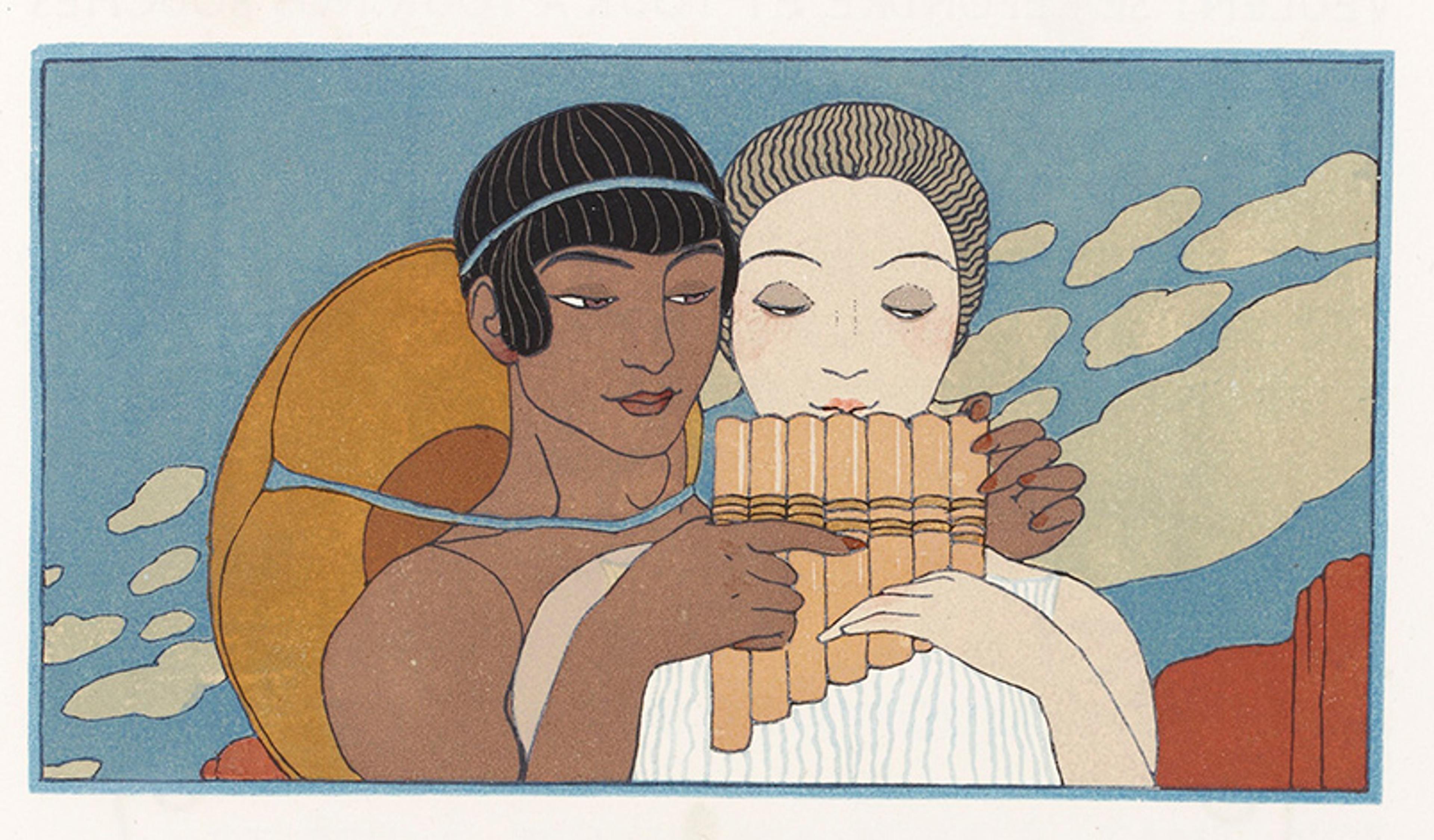Art Nouveau painting of two individuals playing a pan flute together against a backdrop of blue sky and clouds.