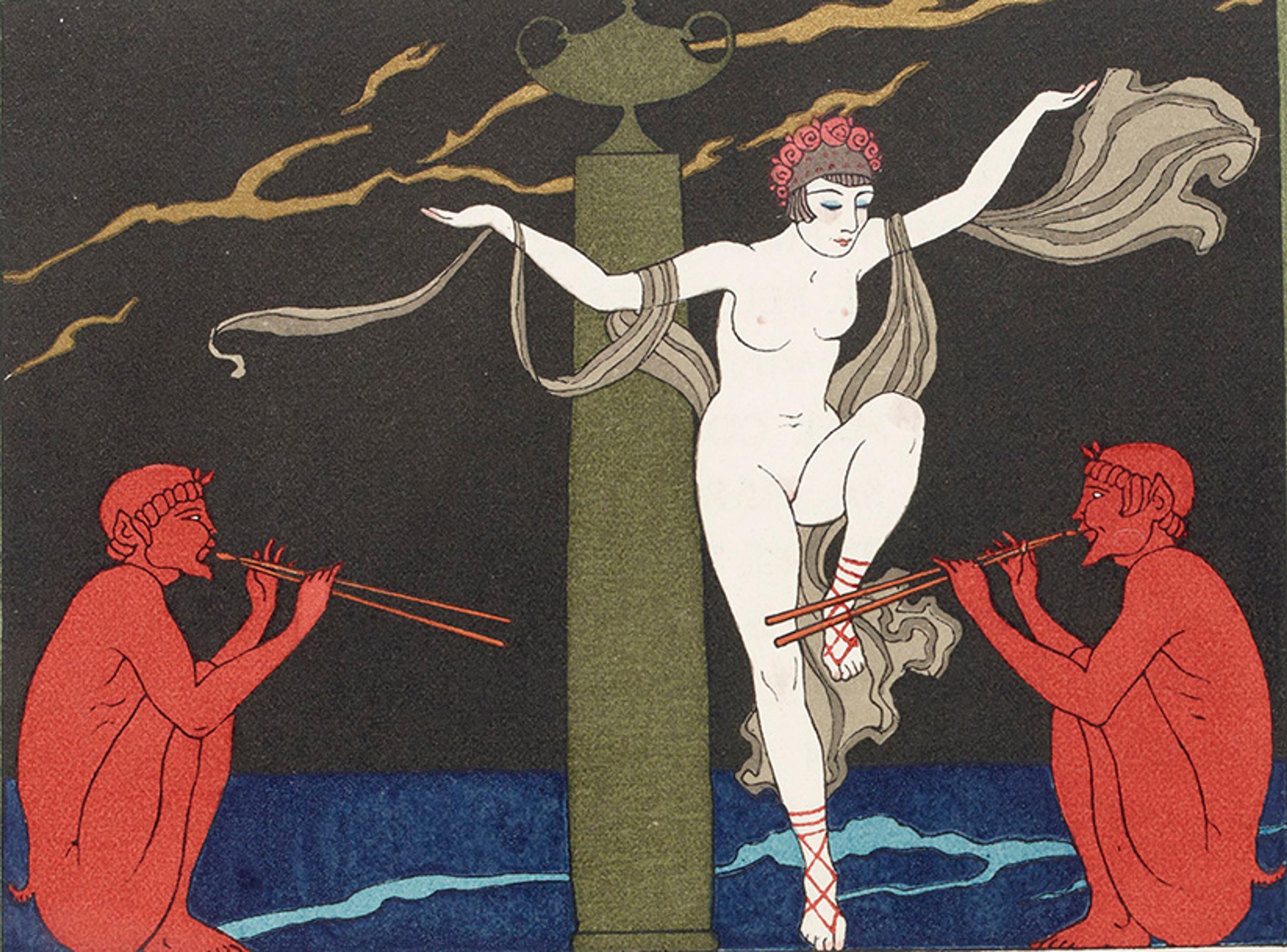 Art print of a nude dancer with flowing ribbons flanked by two red figures playing flutes against a dark sky.