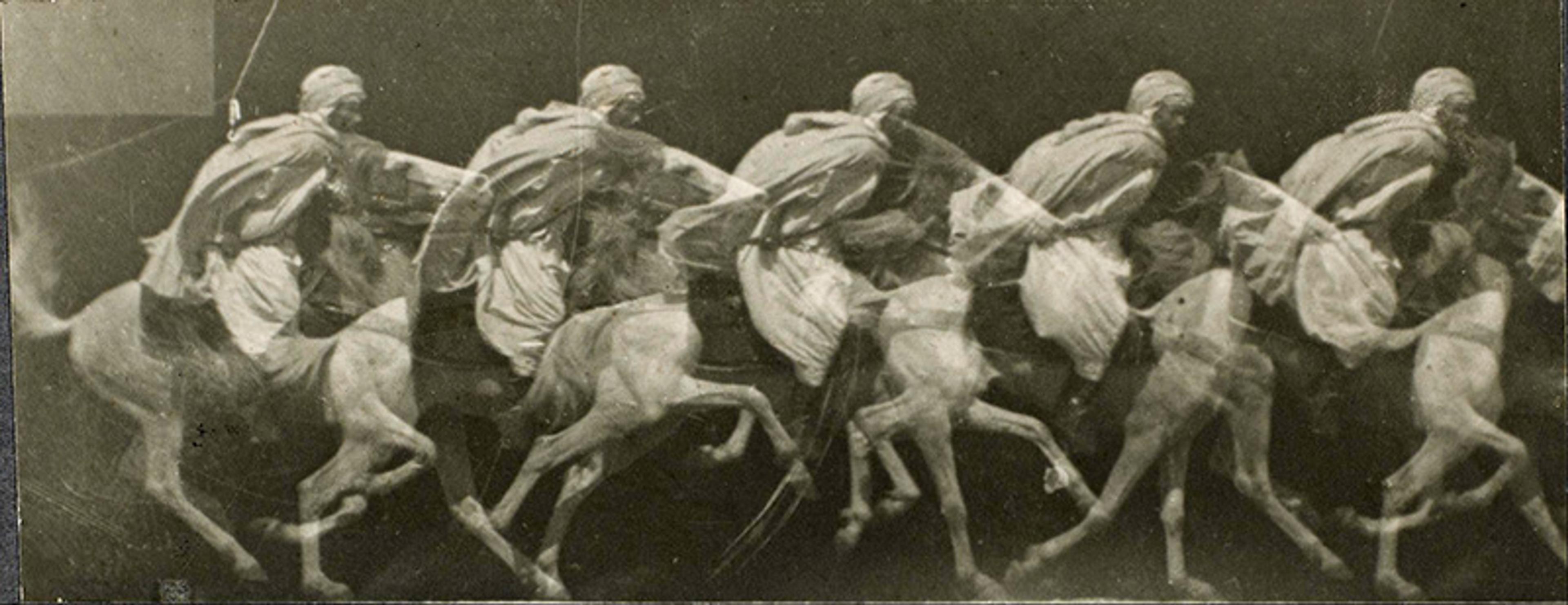 Sequential black-and-white photo of a horse and rider in motion, capturing dynamic movement, by Eadweard Muybridge.