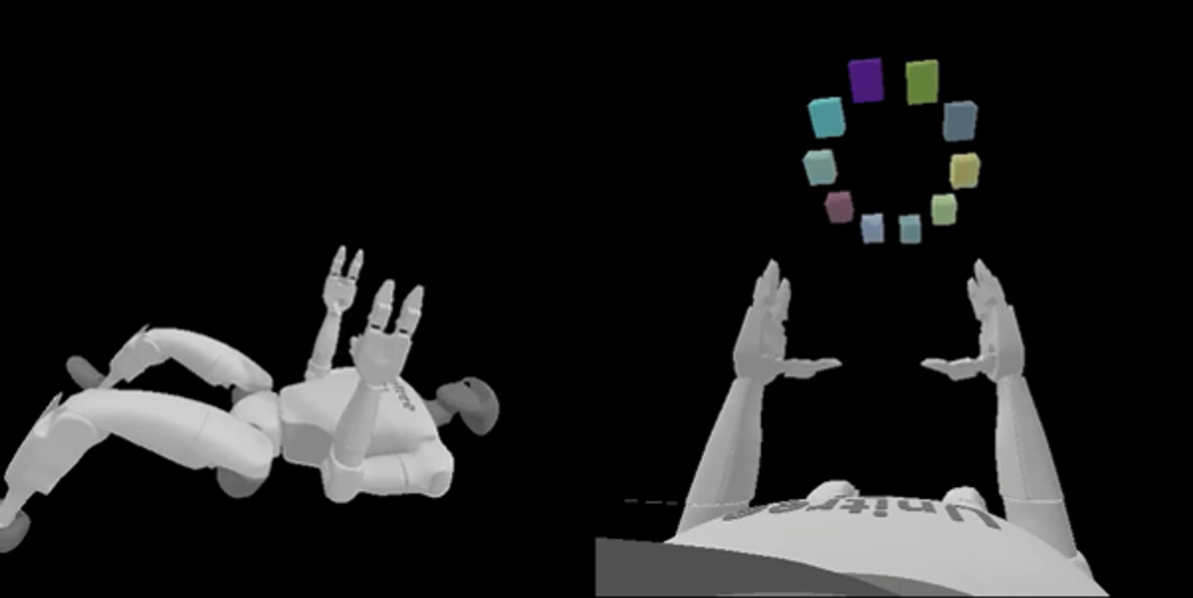 3D illustration of robotic figures laying down with hands raised towards colourful floating cubes on a black background.