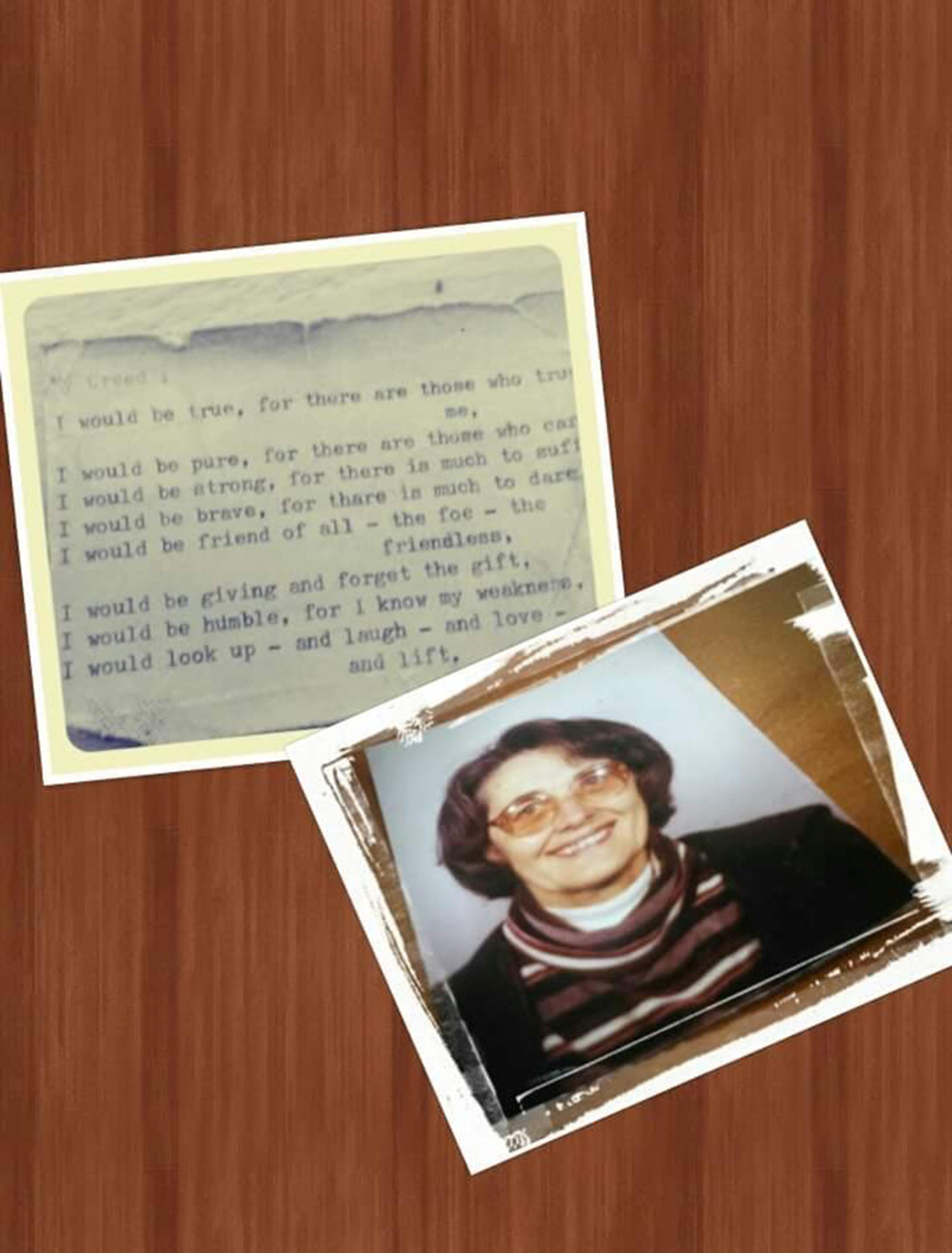 Collage with a typed poem and a vintage photo of a smiling person on a wooden background.