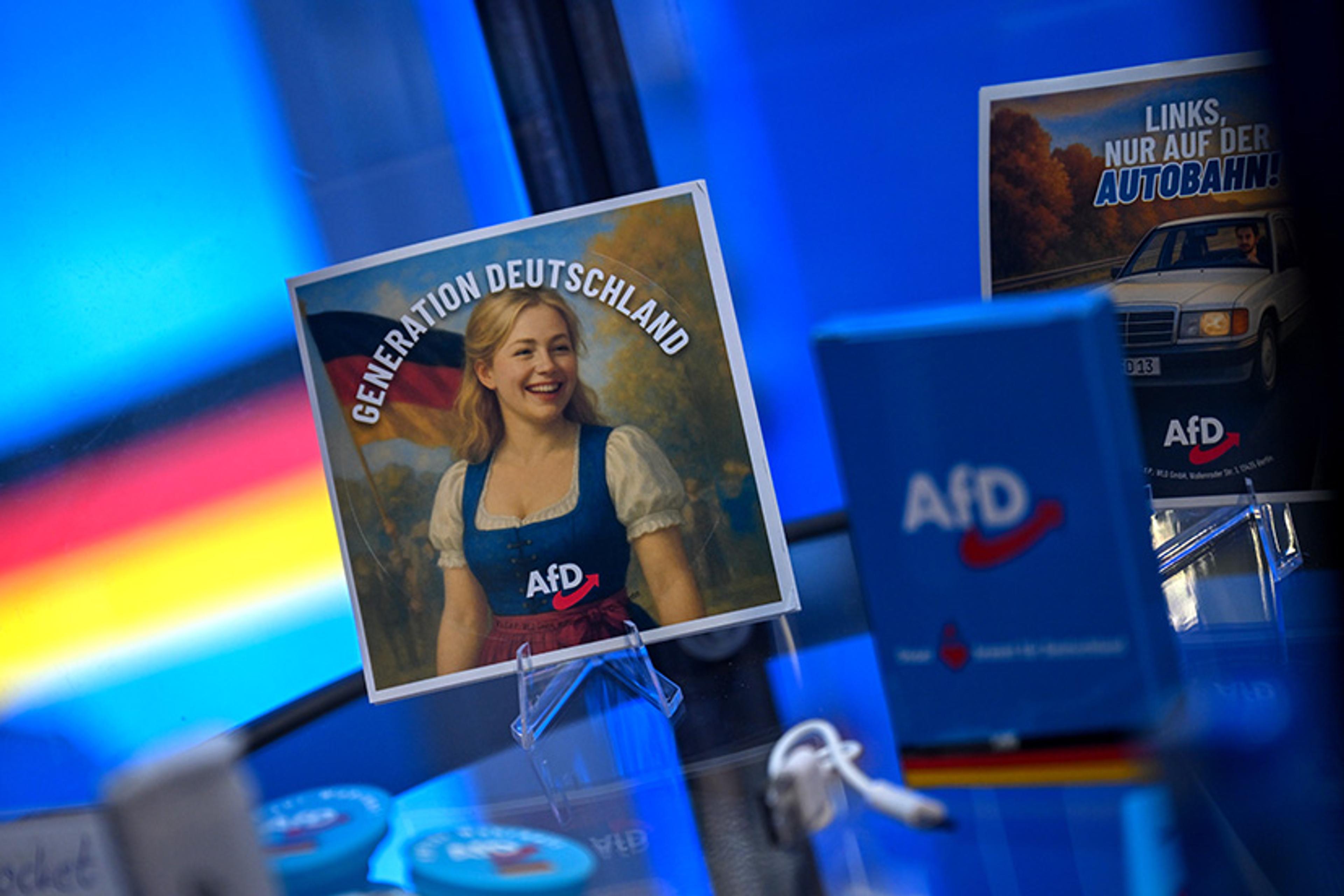 AfD promotional materials: a picture of a blonde woman in traditional attire with “Generation Deutschland” text.