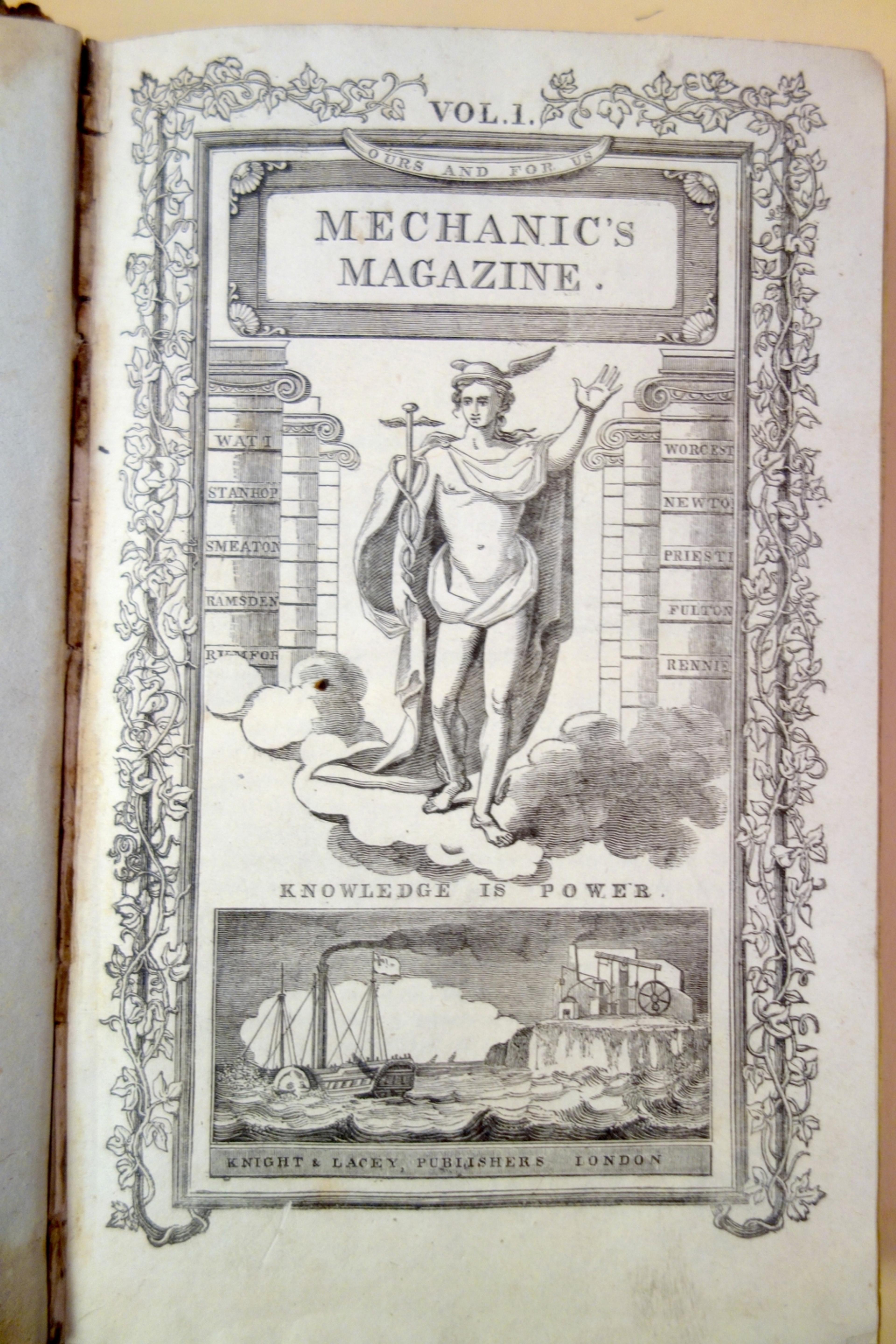 Engraving of “Mechanic’s Magazine” frontispiece with a classical figure, scroll motifs and a steamship at the bottom.
