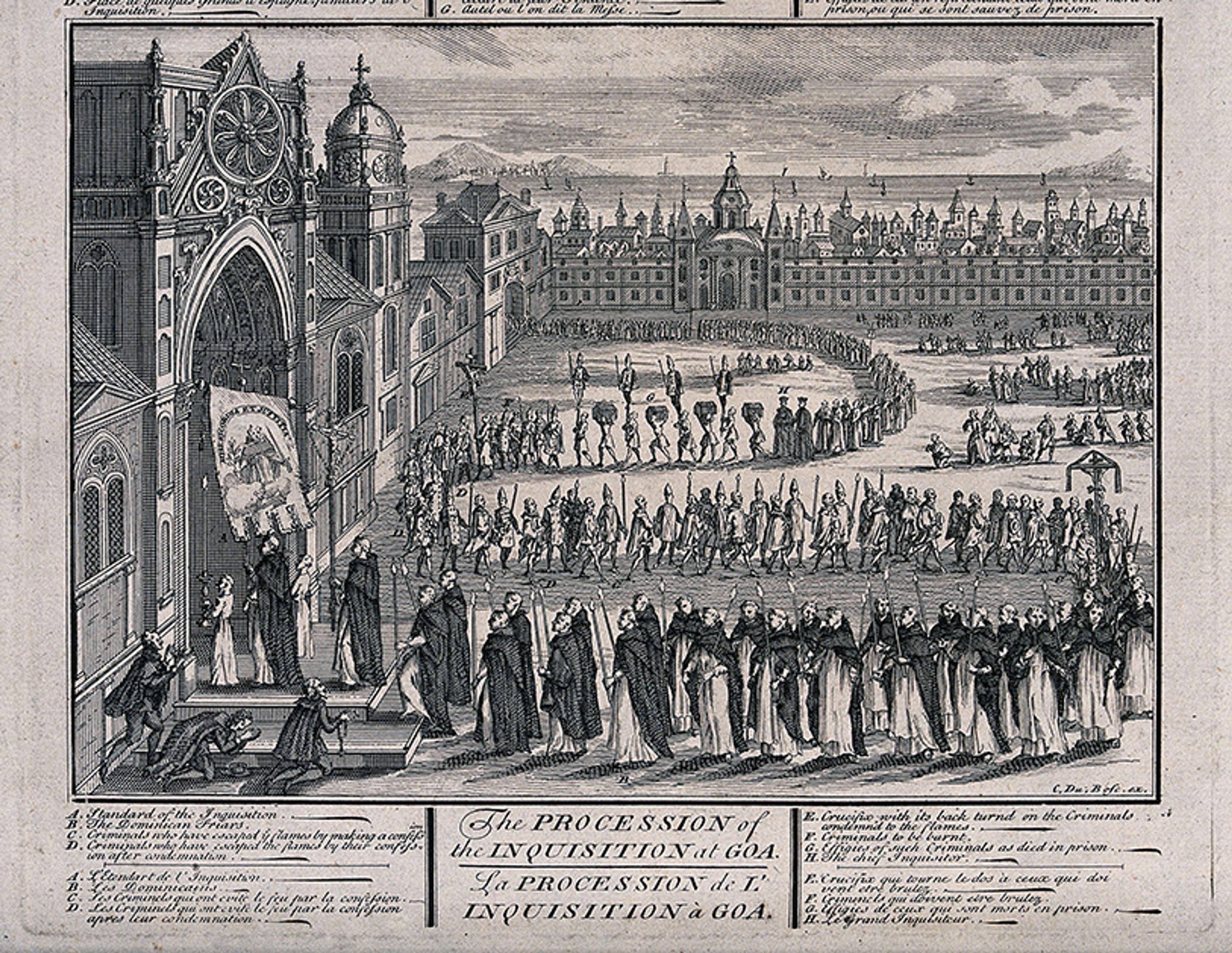 Engraving depicting a grand procession of the Inquisition at Goa with clergy and onlookers in a detailed cityscape setting.