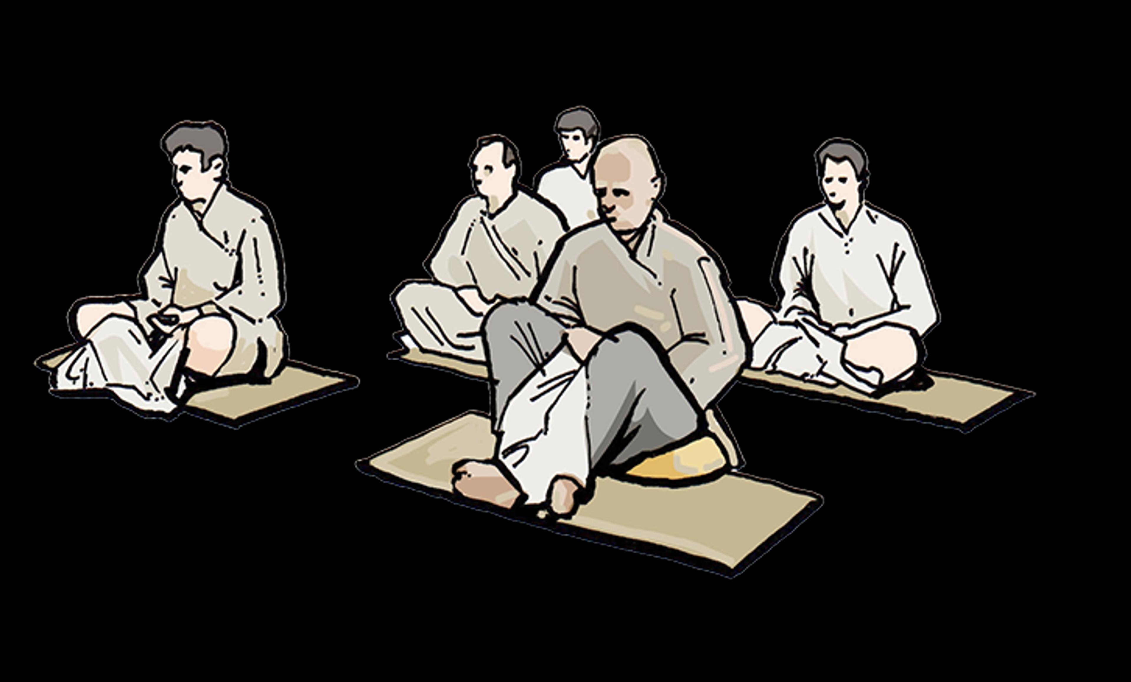 Illustration of five people sitting cross-legged on mats, meditating in a row, wearing robes.