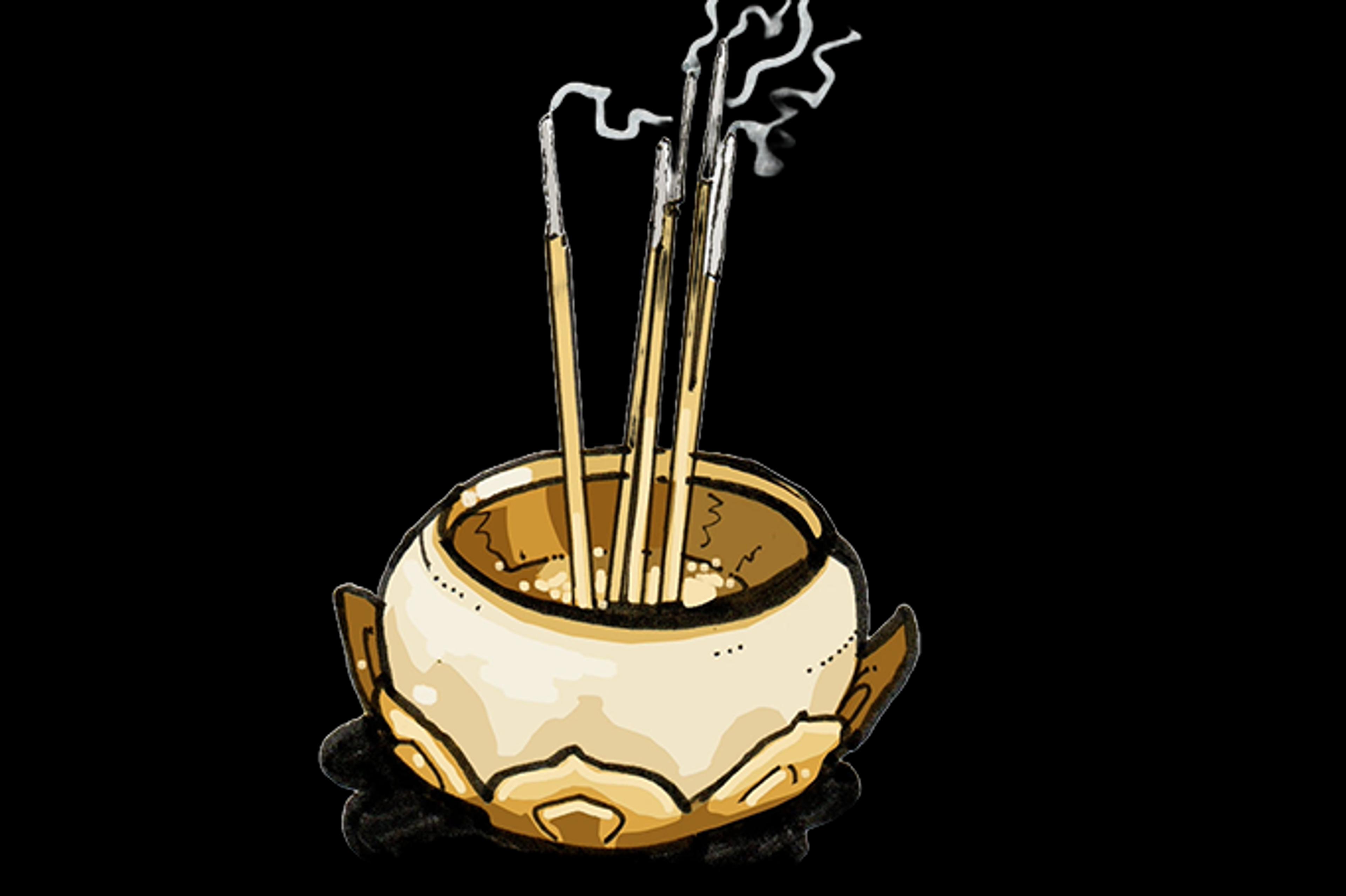 Illustration of a ceramic incense holder with burning incense sticks emitting light smoke.