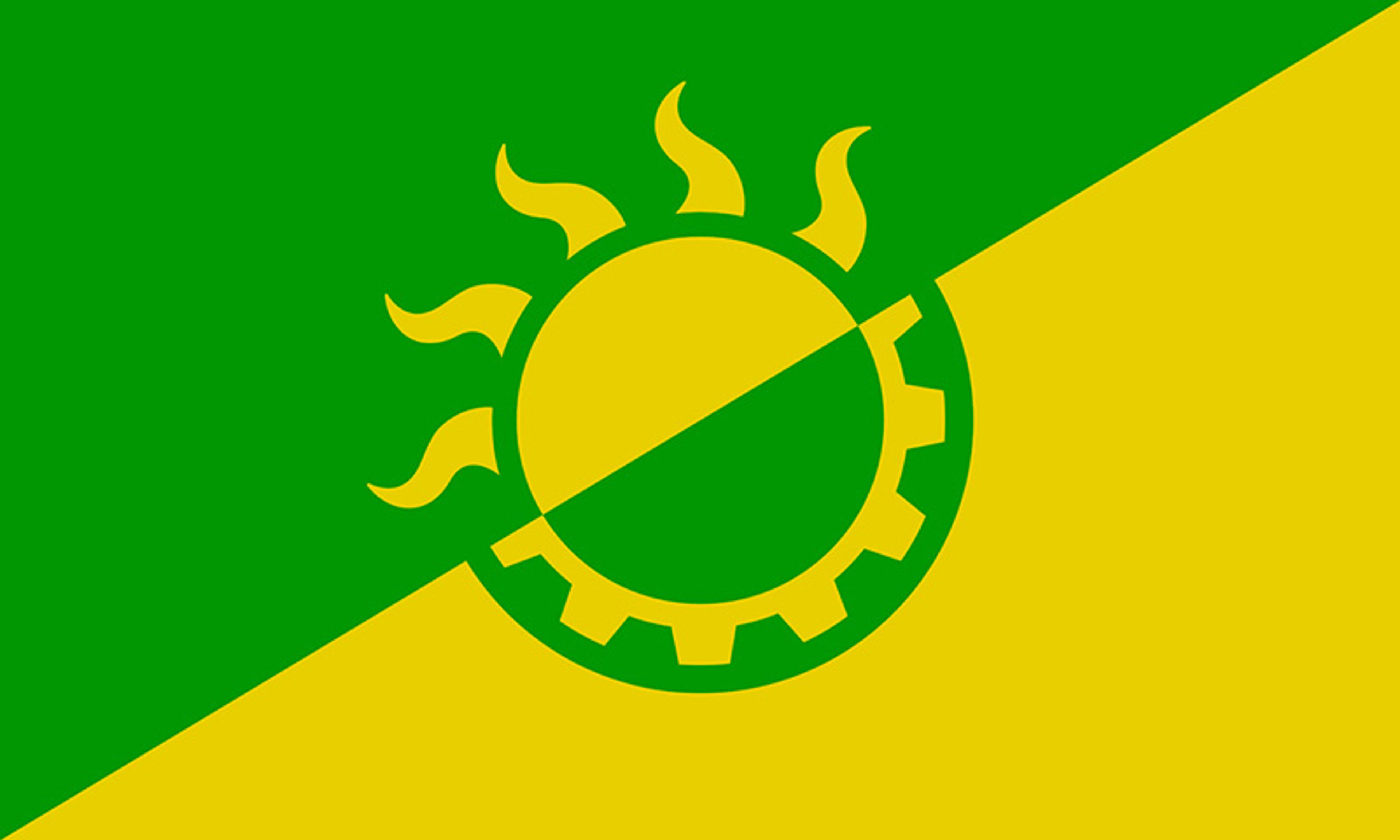 Graphic of a sun and gear motif split diagonally, green top left and yellow bottom right.