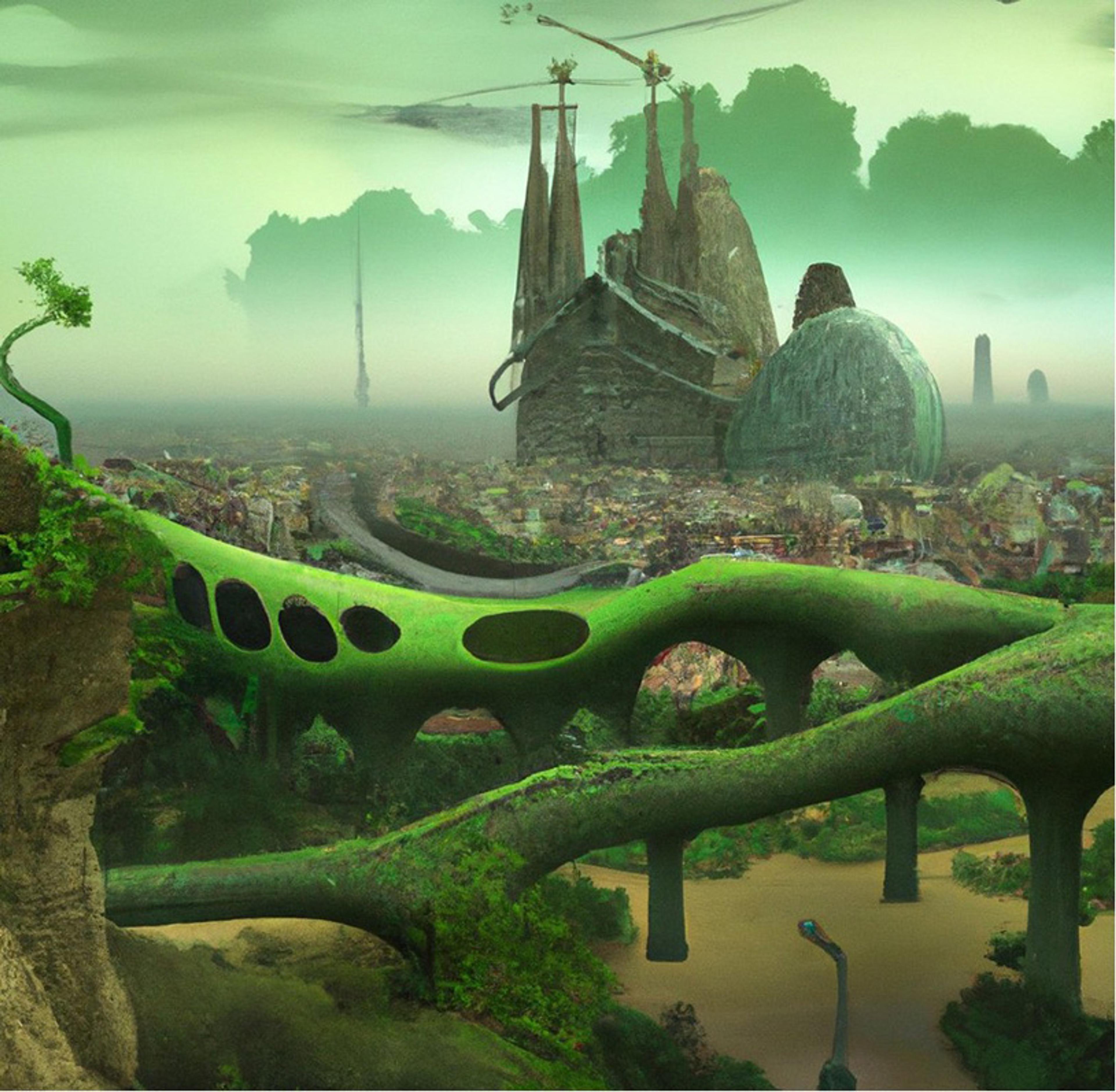 Futuristic cityscape painting with green structures, organic shapes and misty background.
