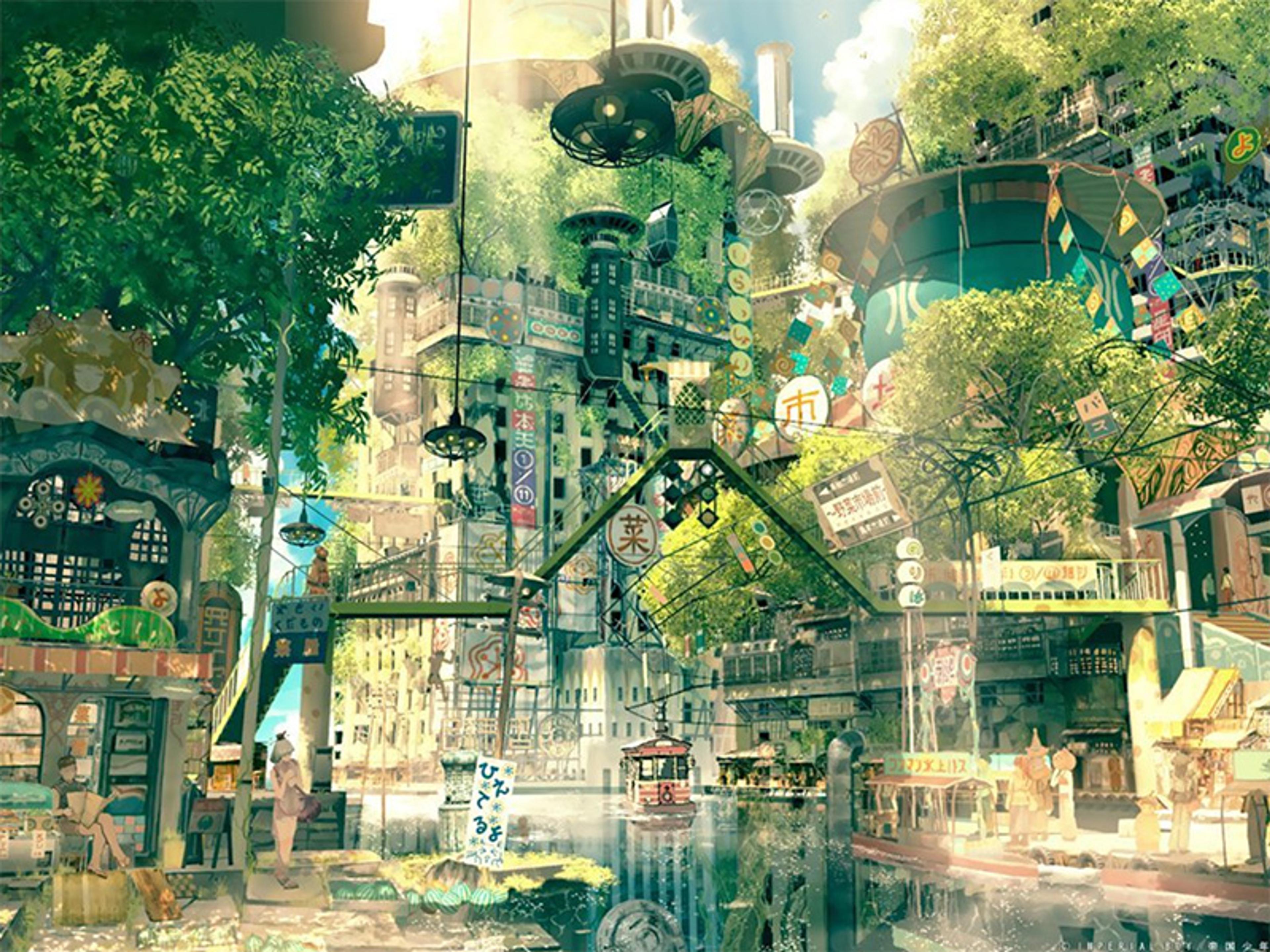 Futuristic cityscape painting with green trees, signs and reflections on water, blending nature and technology harmoniously.