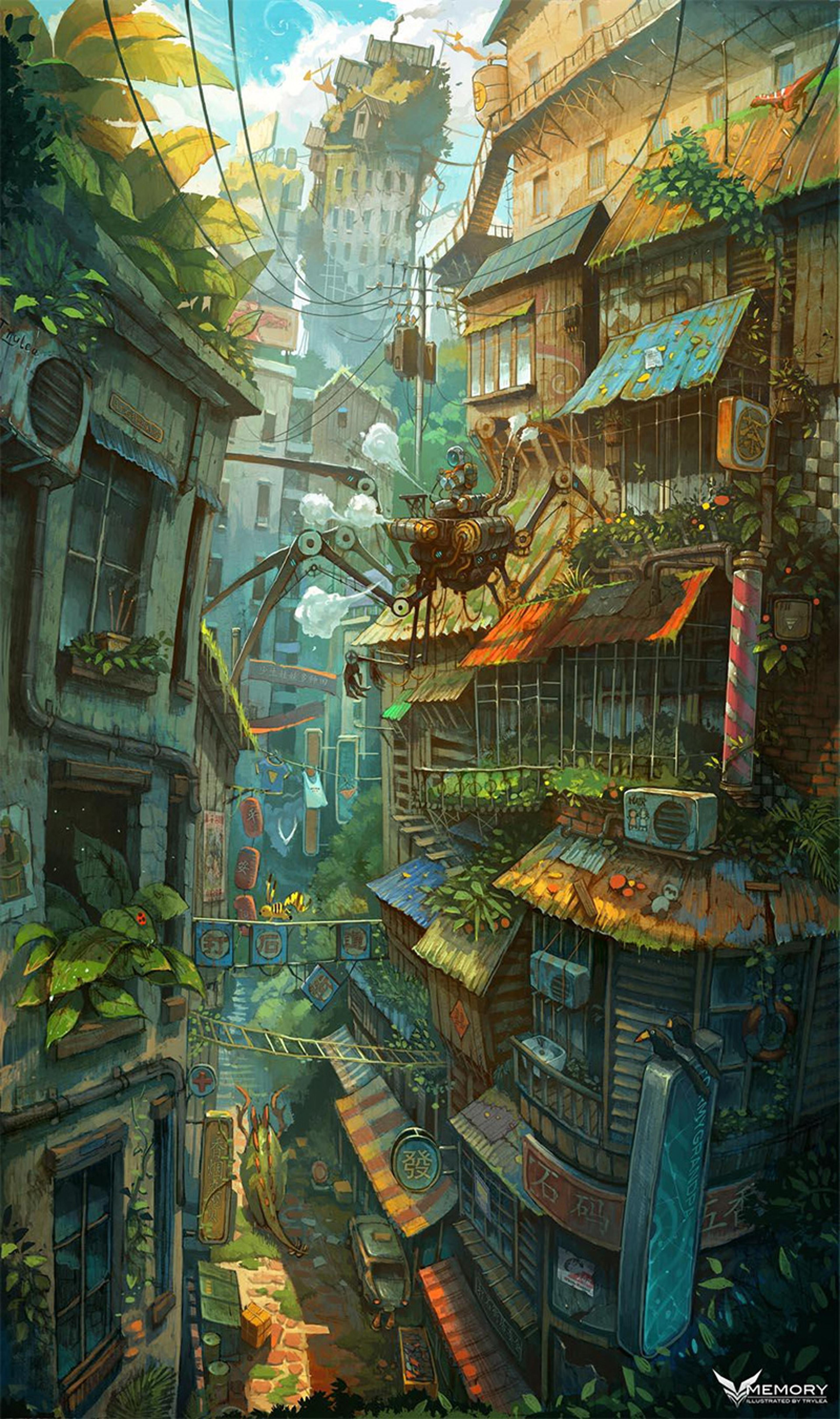 A vibrant narrow street with lush greenery, futuristic elements and colourful buildings under a bright blue sky.