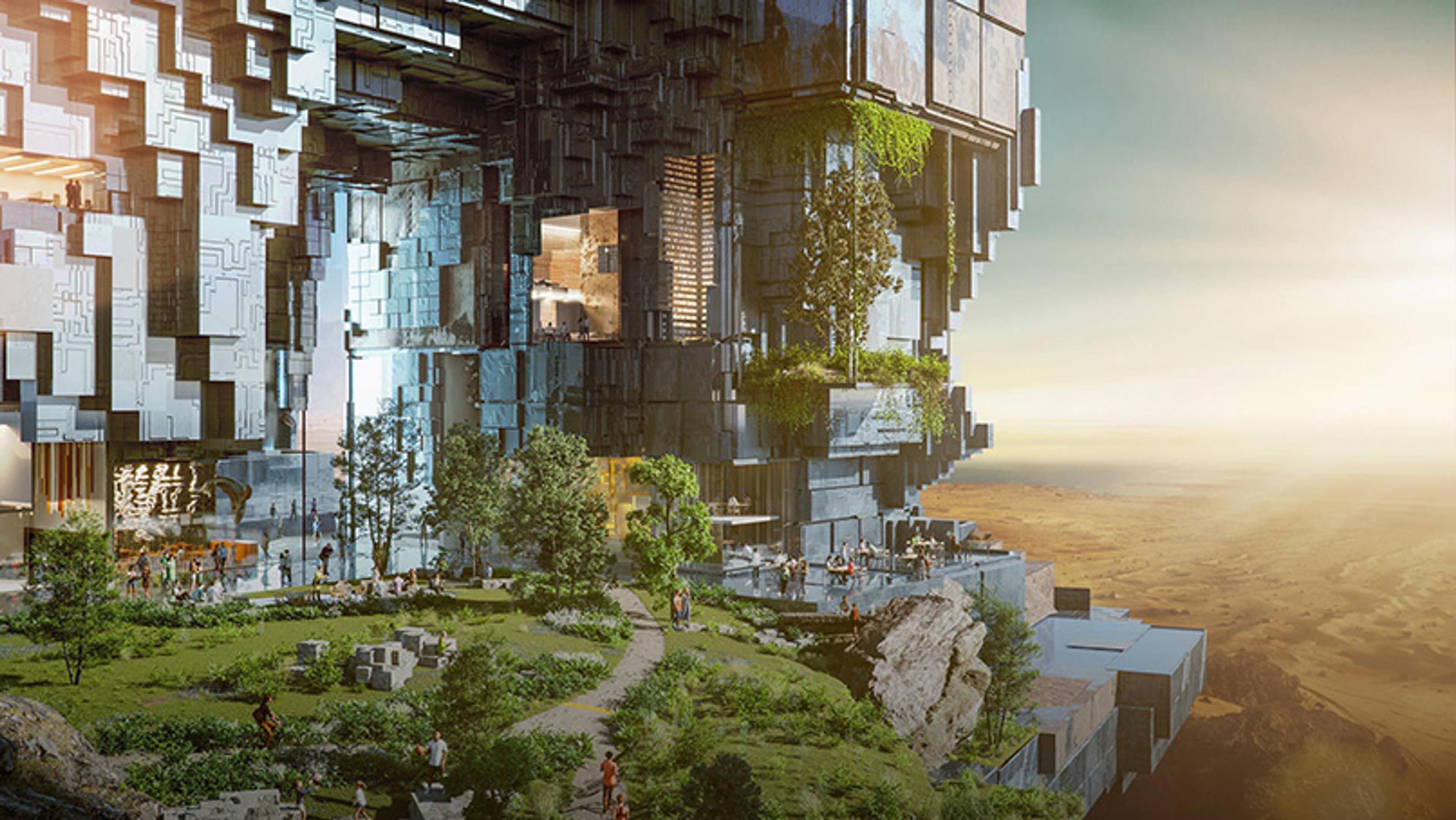 Futuristic digital artwork of a massive structure with greenery, people walking, and a vast desert landscape under a bright sun.