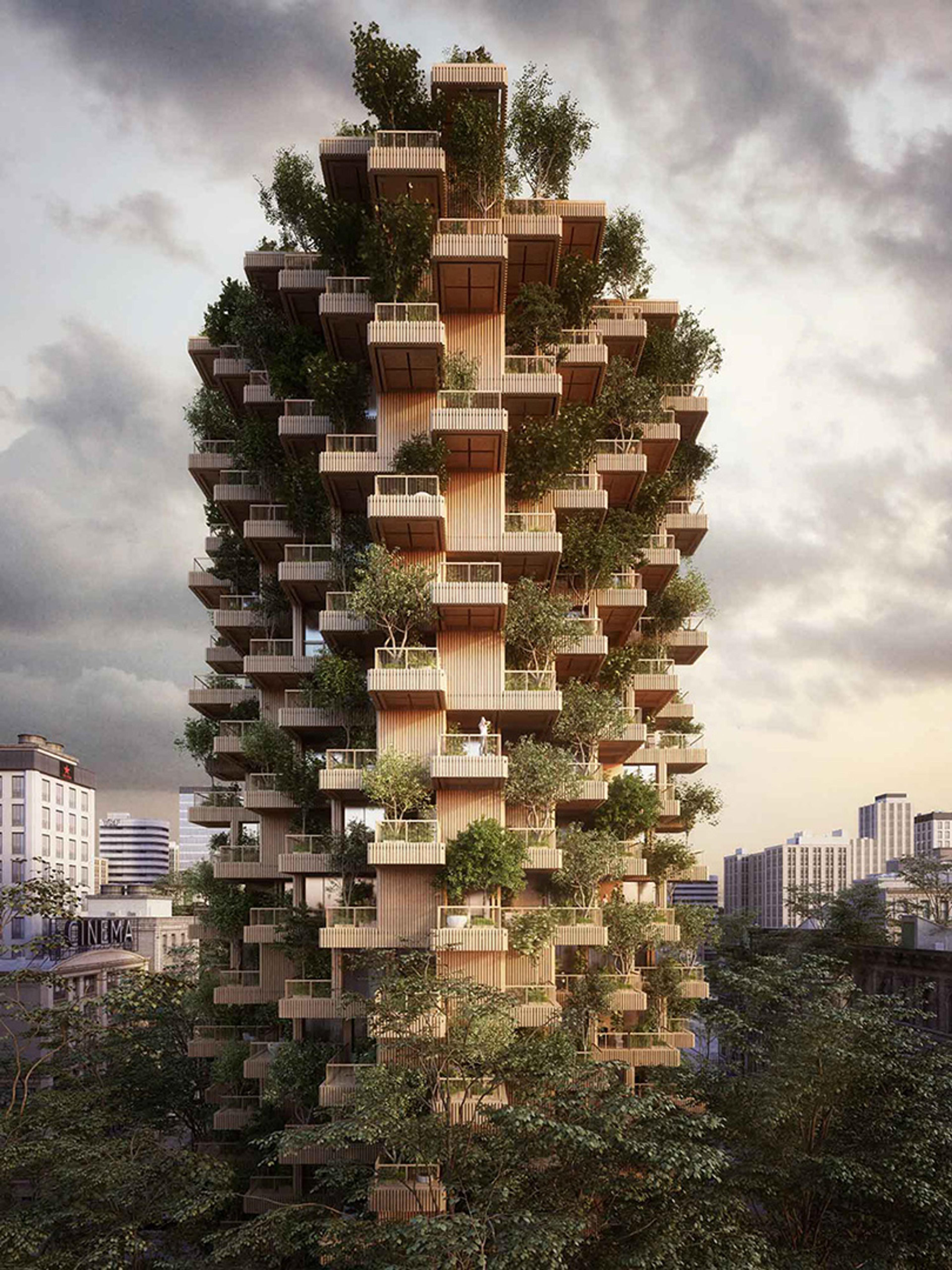 Rendering of a modern high-rise with trees on balconies resembling a vertical forest, set against a cityscape background.