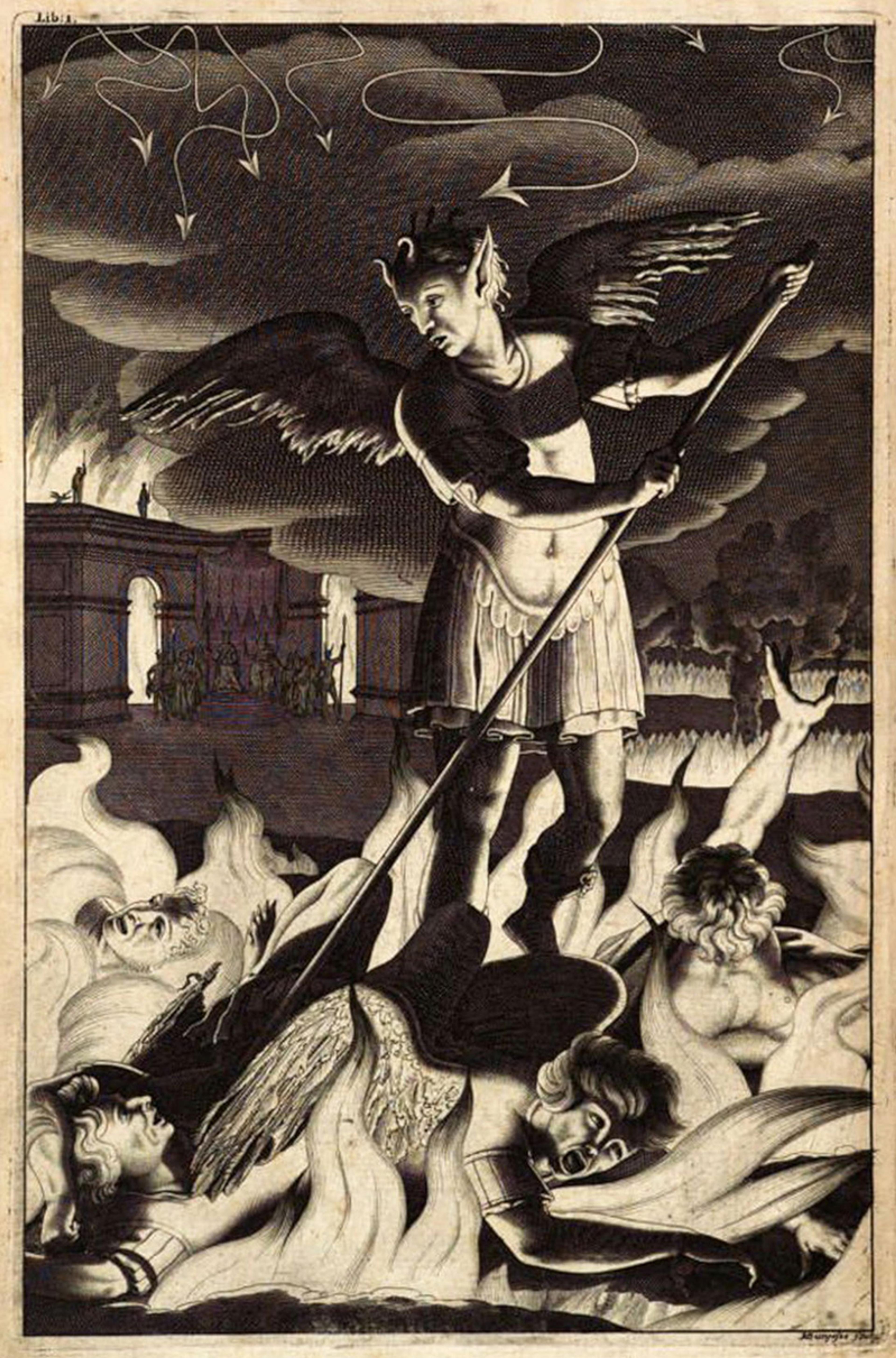 Engraving of a winged figure with a trident overseeing tormented figures in flames.