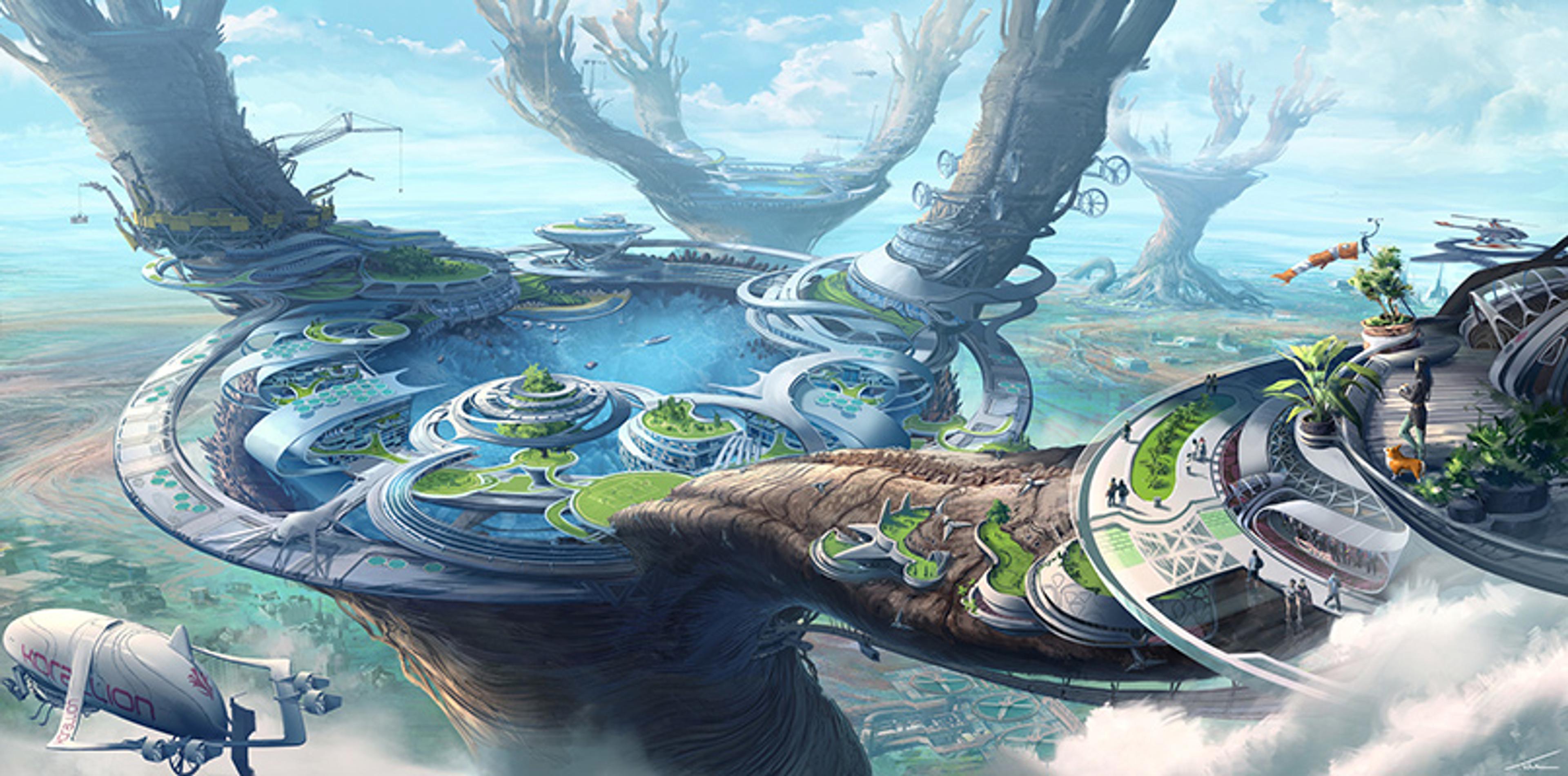Painting of futuristic city built in the branches of a tree-like structure, featuring advanced architecture above clouds in a bright blue sky.