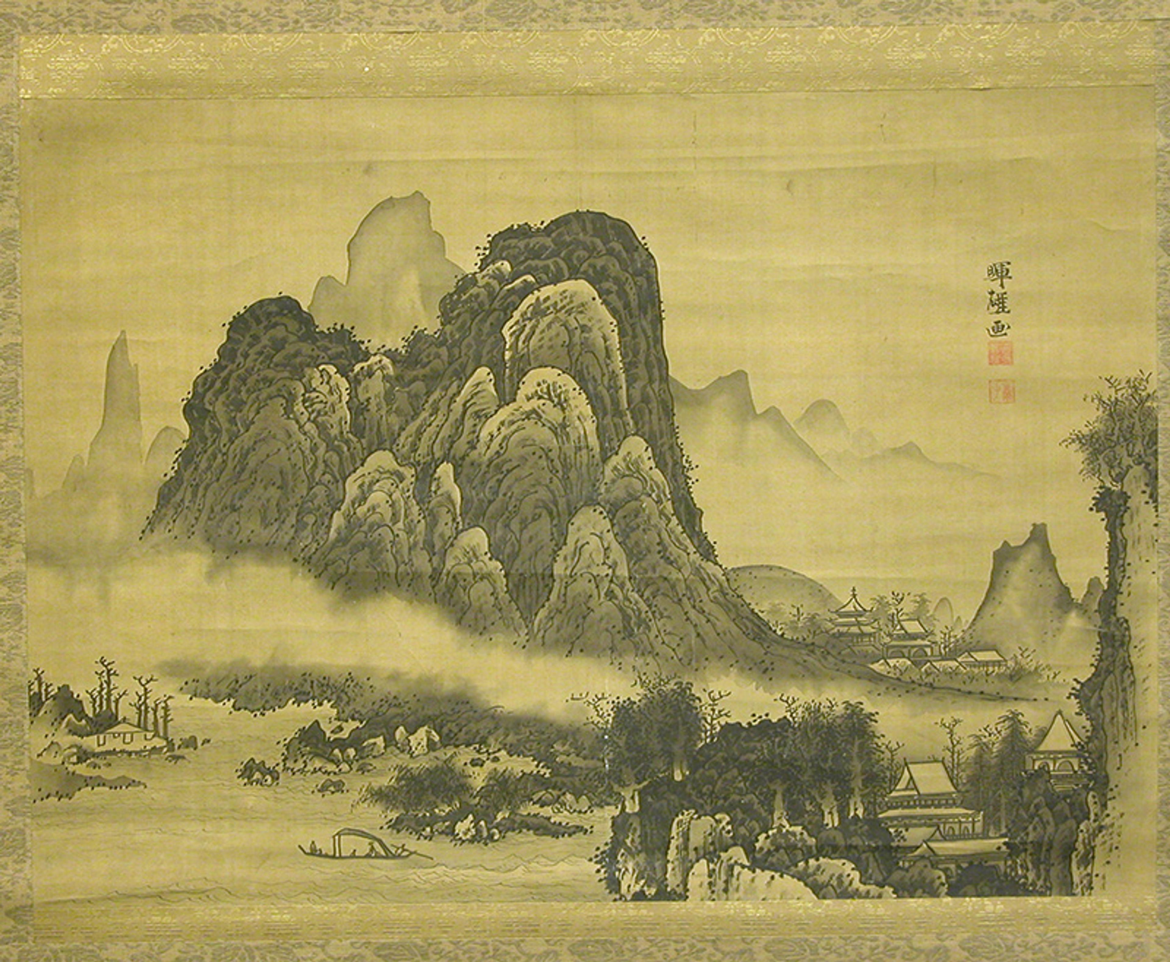 Ink painting of a serene landscape with mountains, mist, trees and traditional buildings, conveying a tranquil atmosphere.
