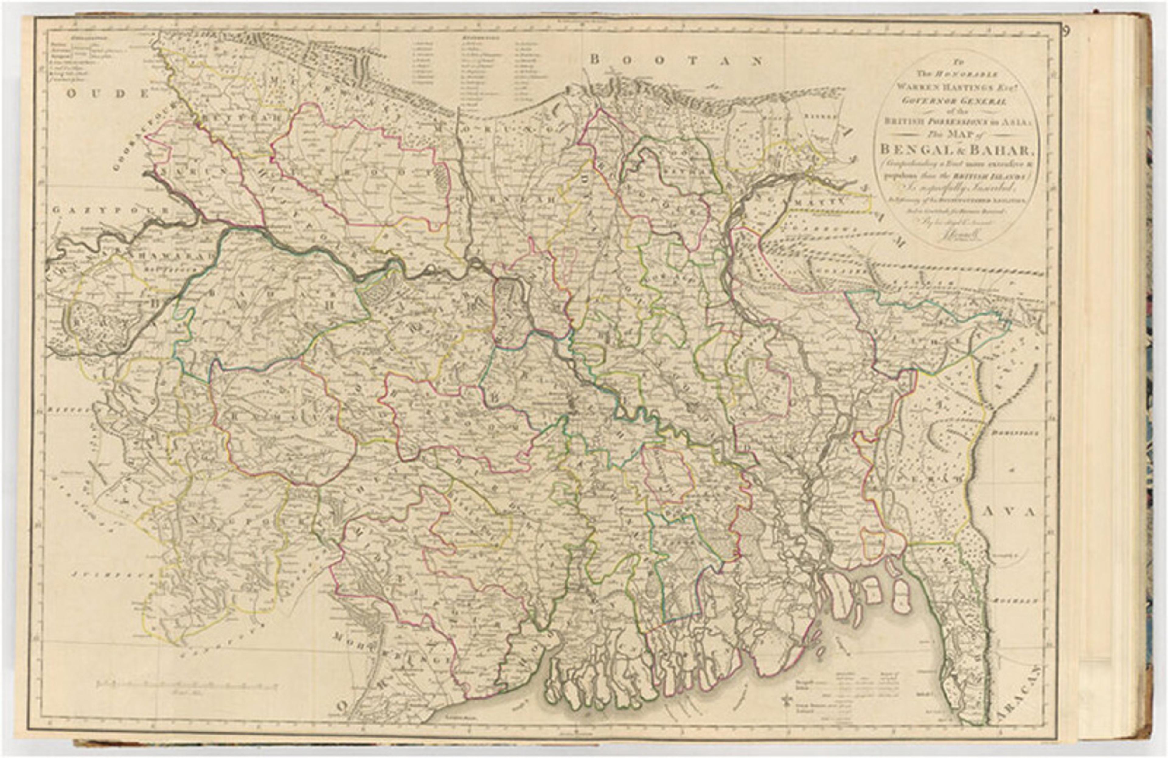 Historical map of Bengal and Bahar regions, highlighting rivers, cities and borders from a British cartographic perspective.