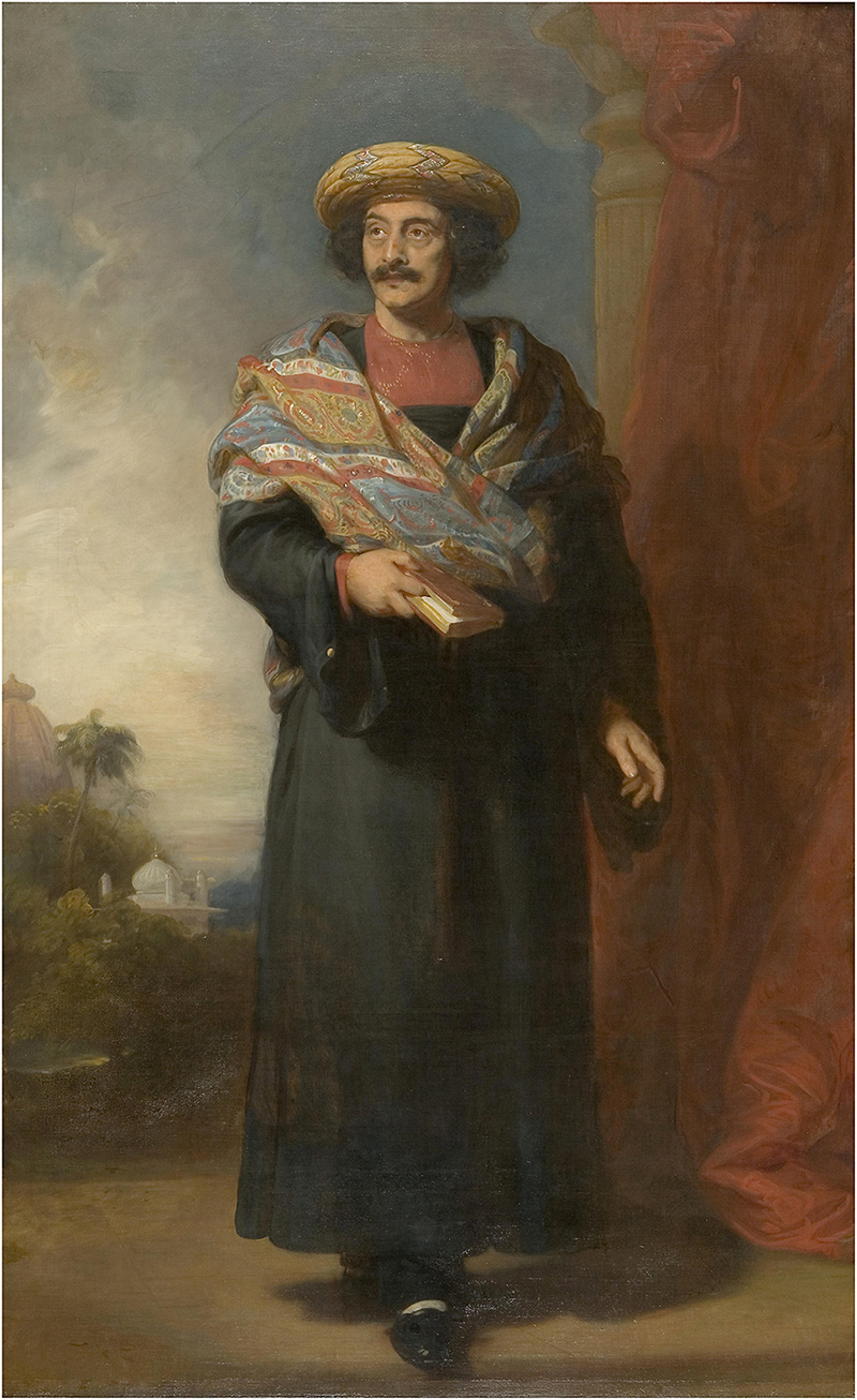 Painting of a man in traditional attire holding a book with a landscape and architectural dome in the background.