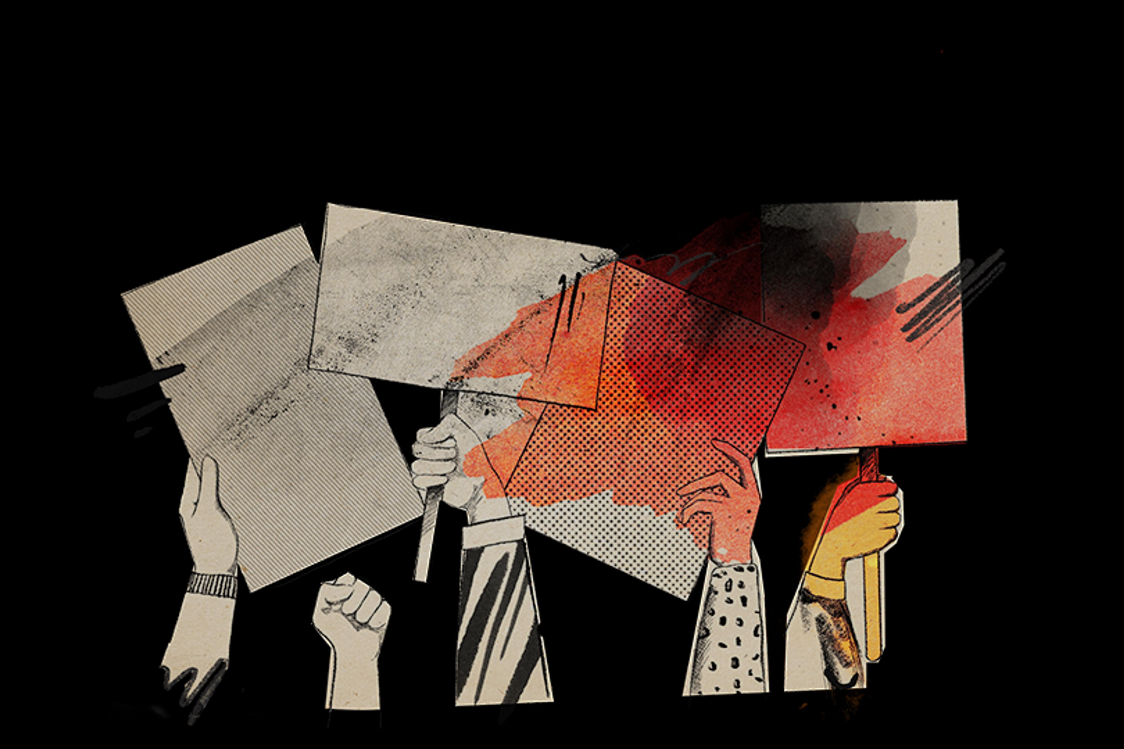 Illustration of diverse hands holding protest signs with abstract red and black designs.