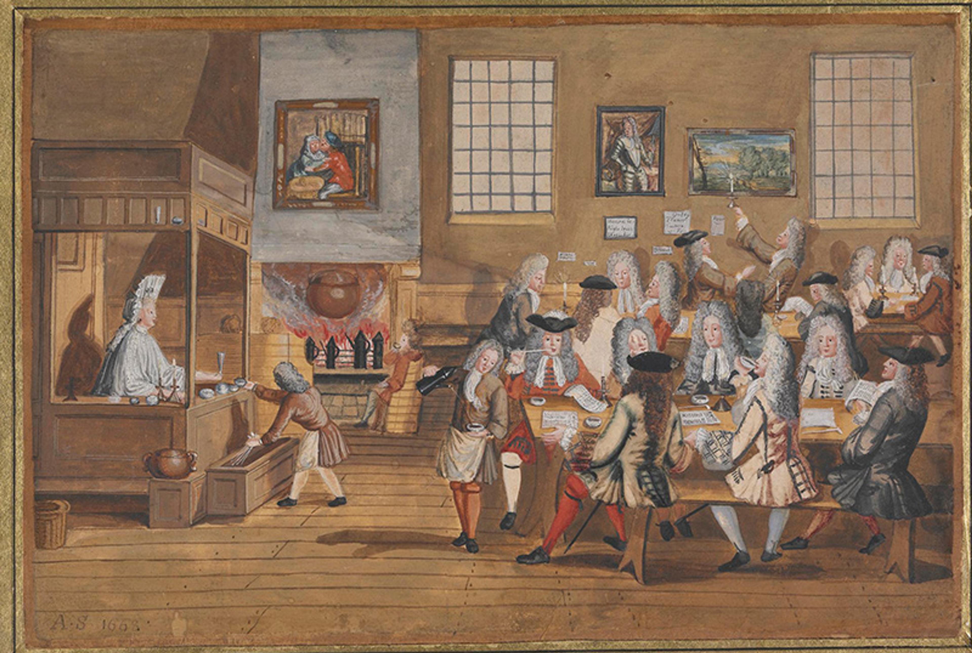 A painting of a 17th-century coffee house scene with people in period clothing talking and drinking at tables.