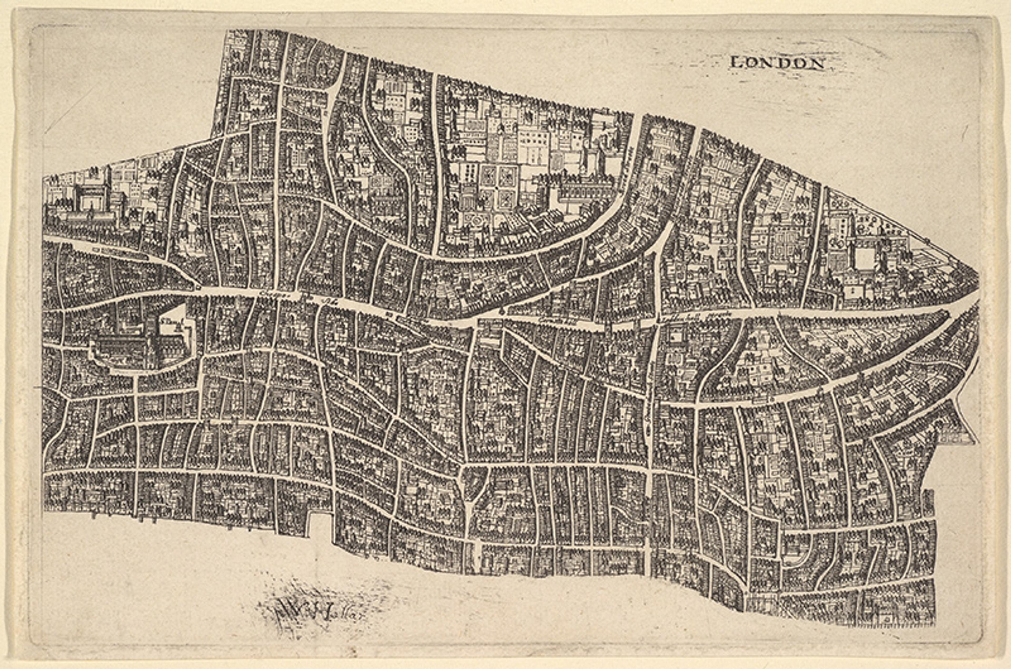Historic map of London, printed etching showing detailed streets and buildings with “London” marked at the top.