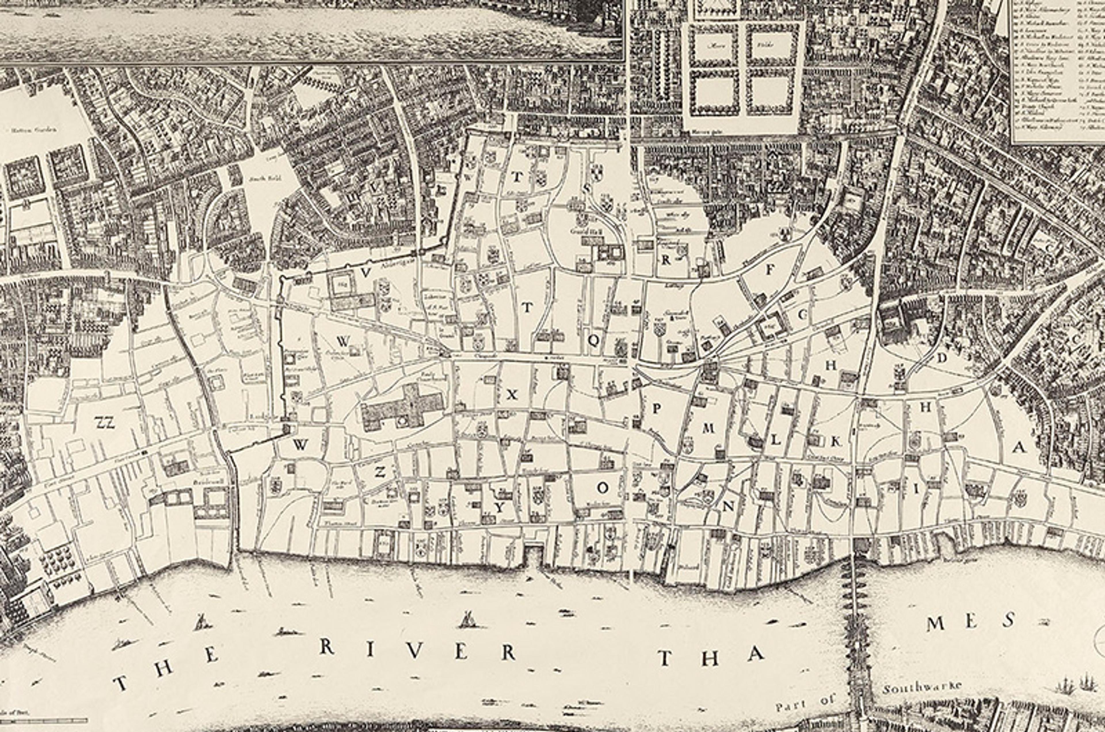 Historic map of London along the River Thames showing streets and buildings in intricate detail, black and white drawing.