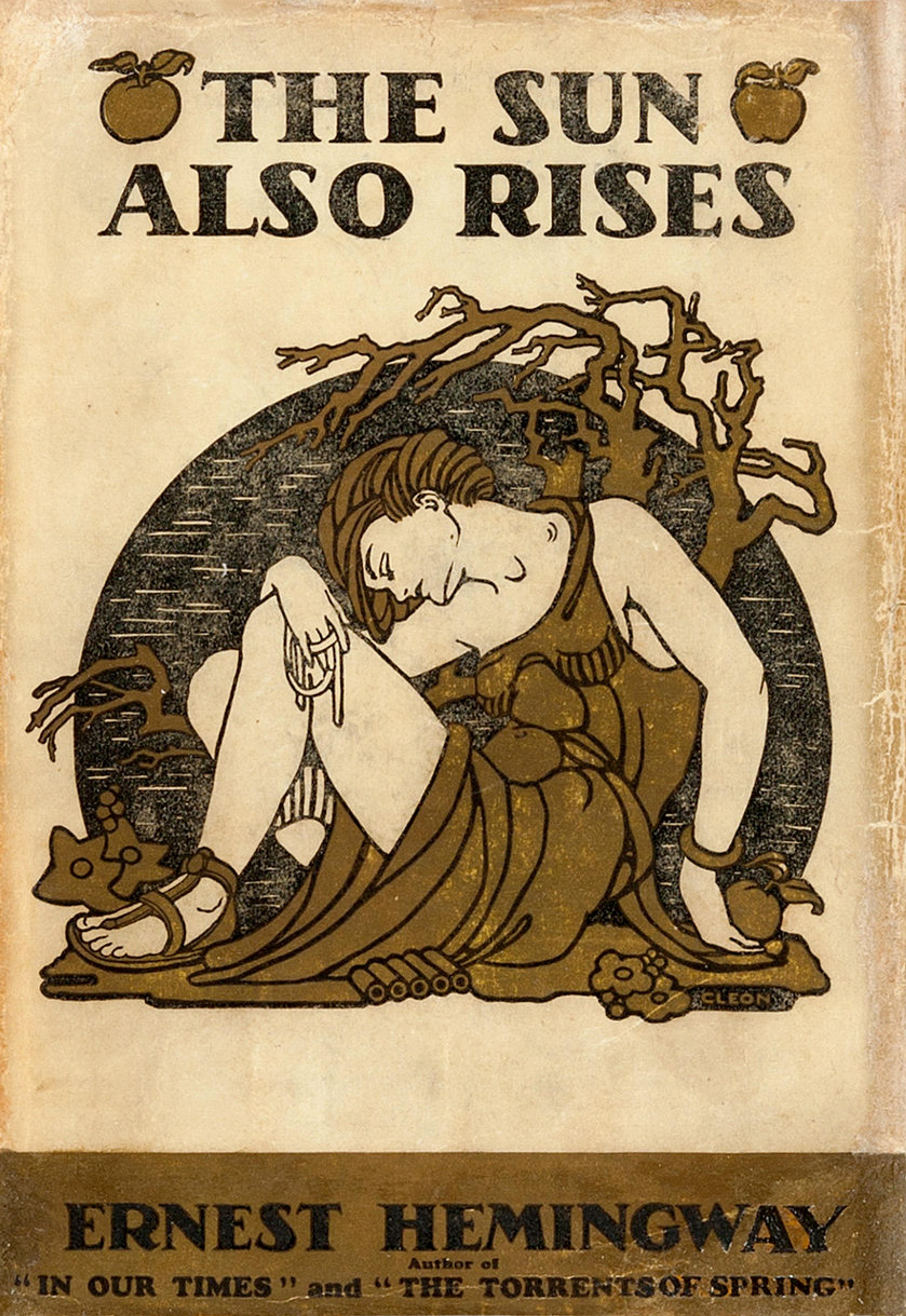 Cover illustration for “The Sun Also Rises” by Ernest Hemingway, featuring an art nouveau style drawing of a reclining figure.