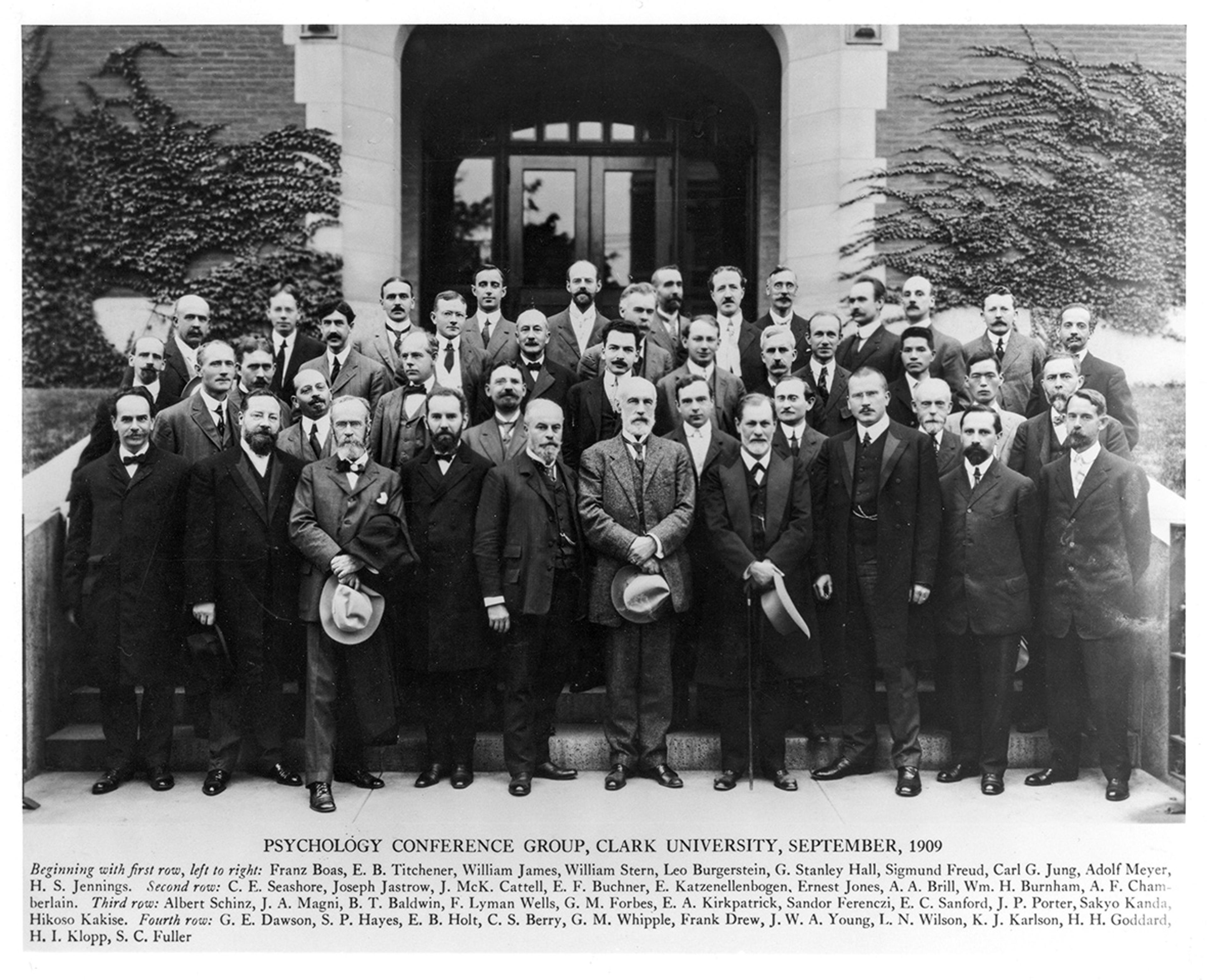 Black-and-white photo of a large group of men in suits posing outside a building, taken at Clark University in September 1909.