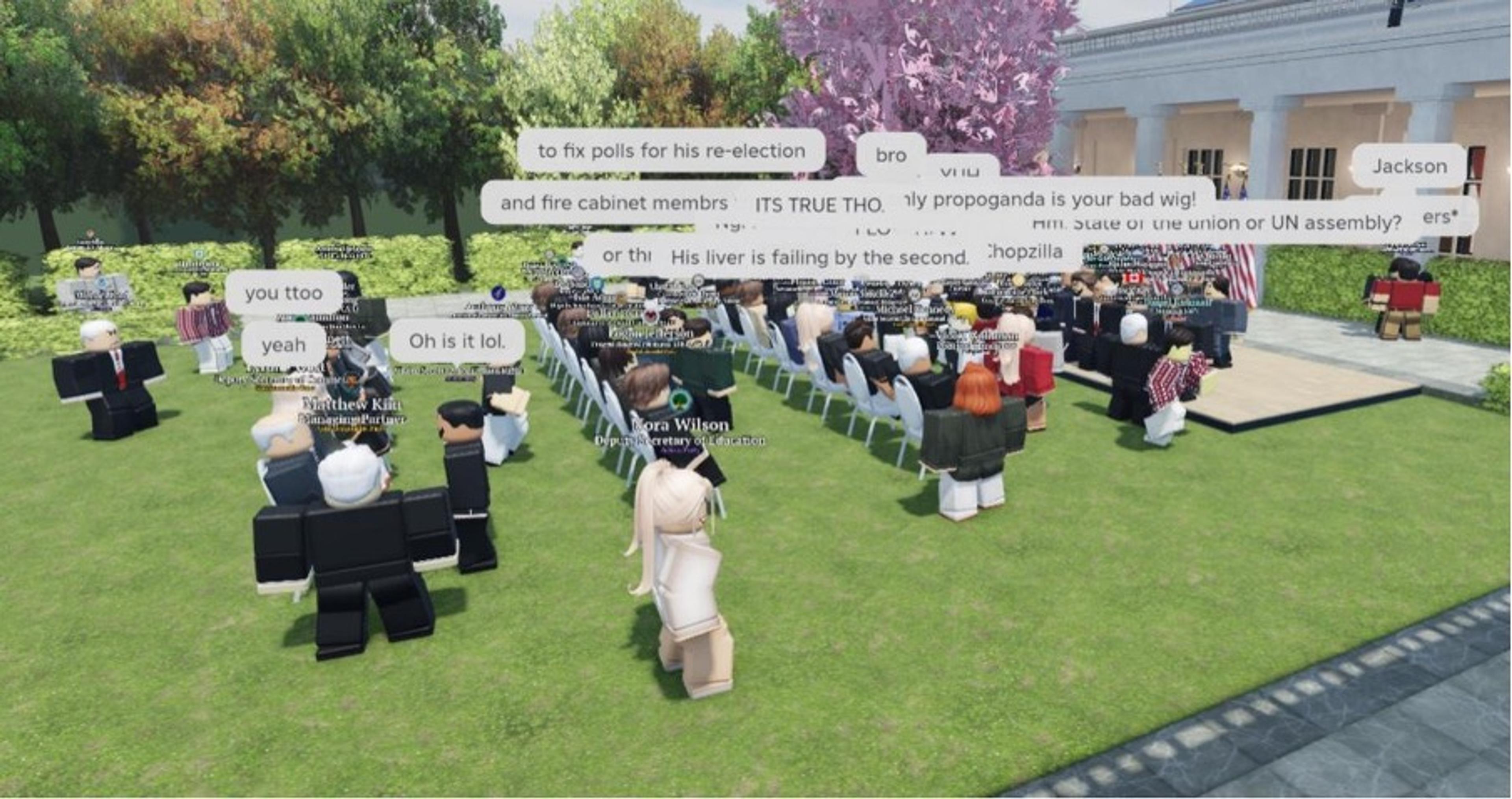 A digital scene of blocky avatars attending an outdoor gathering with speech bubbles, resembling a photo from a virtual world.
