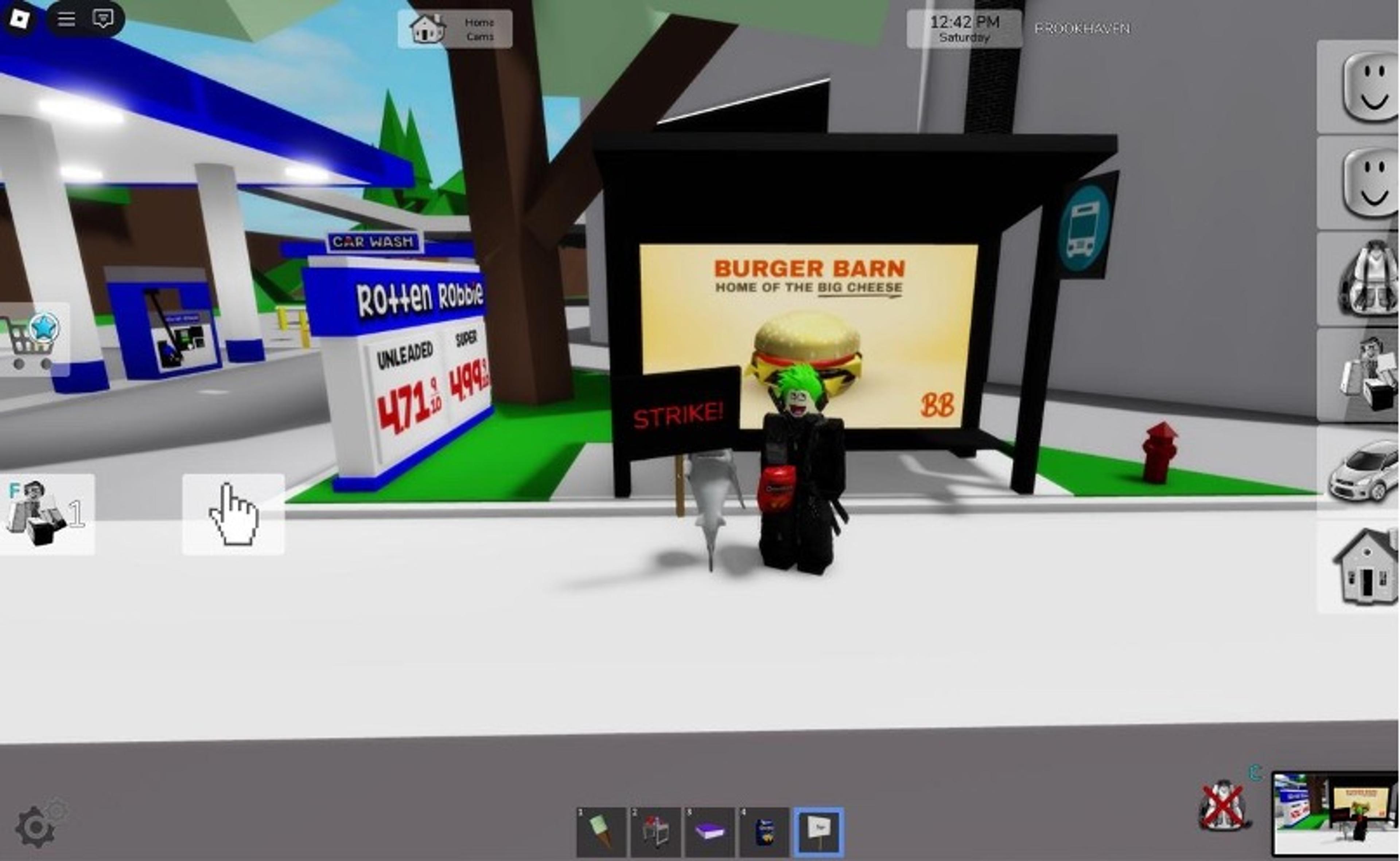 Video game scene of a character with green hair holding a “Strike!” sign near a gas station and burger advertisement.
