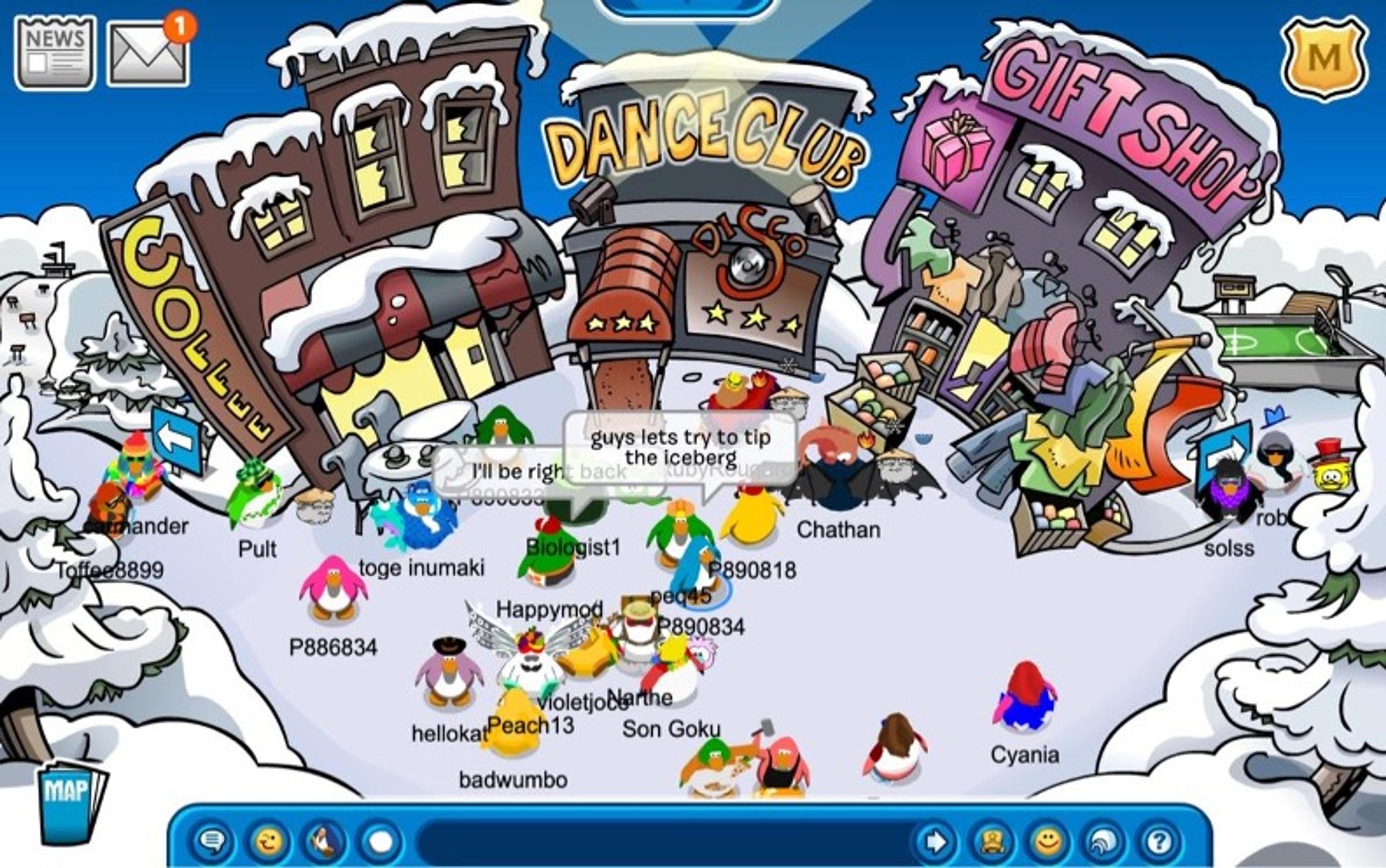 Illustration of a snowy virtual world with penguins, including a dance club and gift shop. Penguins chat and interact.