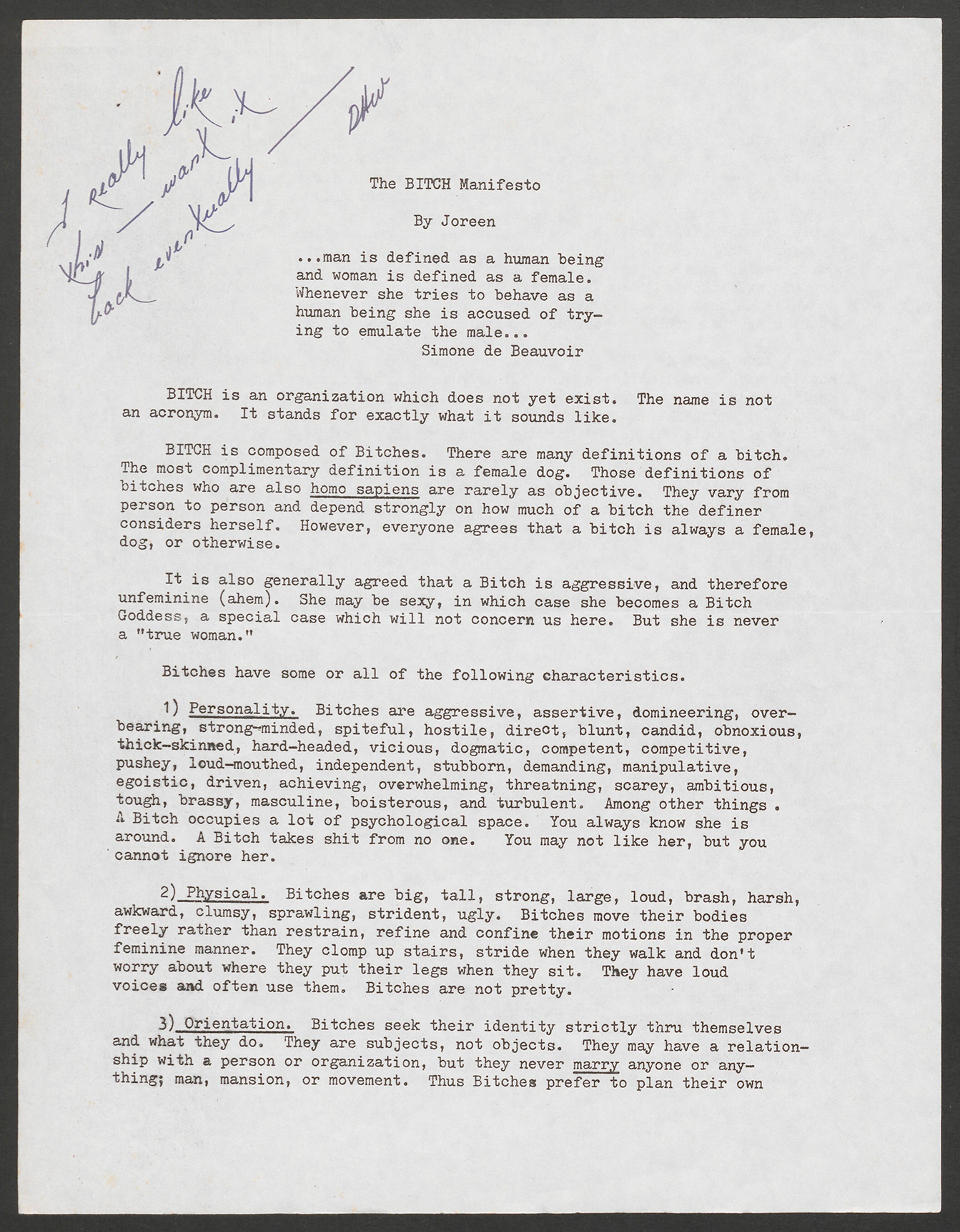 Typed document titled “The BITCH Manifesto” by Joreen with a handwritten note that reads “I really like this, want it back eventually”.