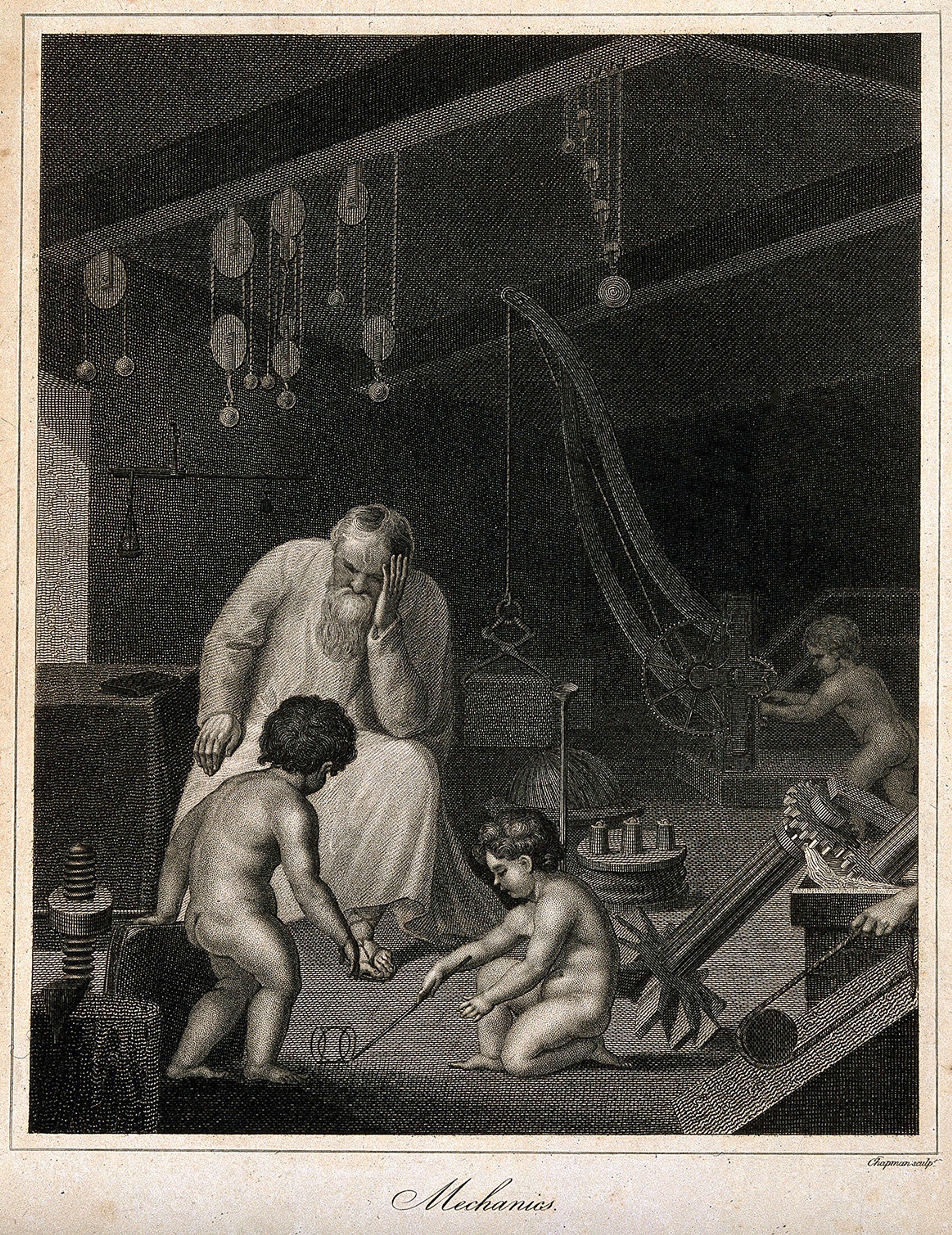 Engraving of a bearded man with two children and mechanical devices, depicting a scene of learning and exploration.