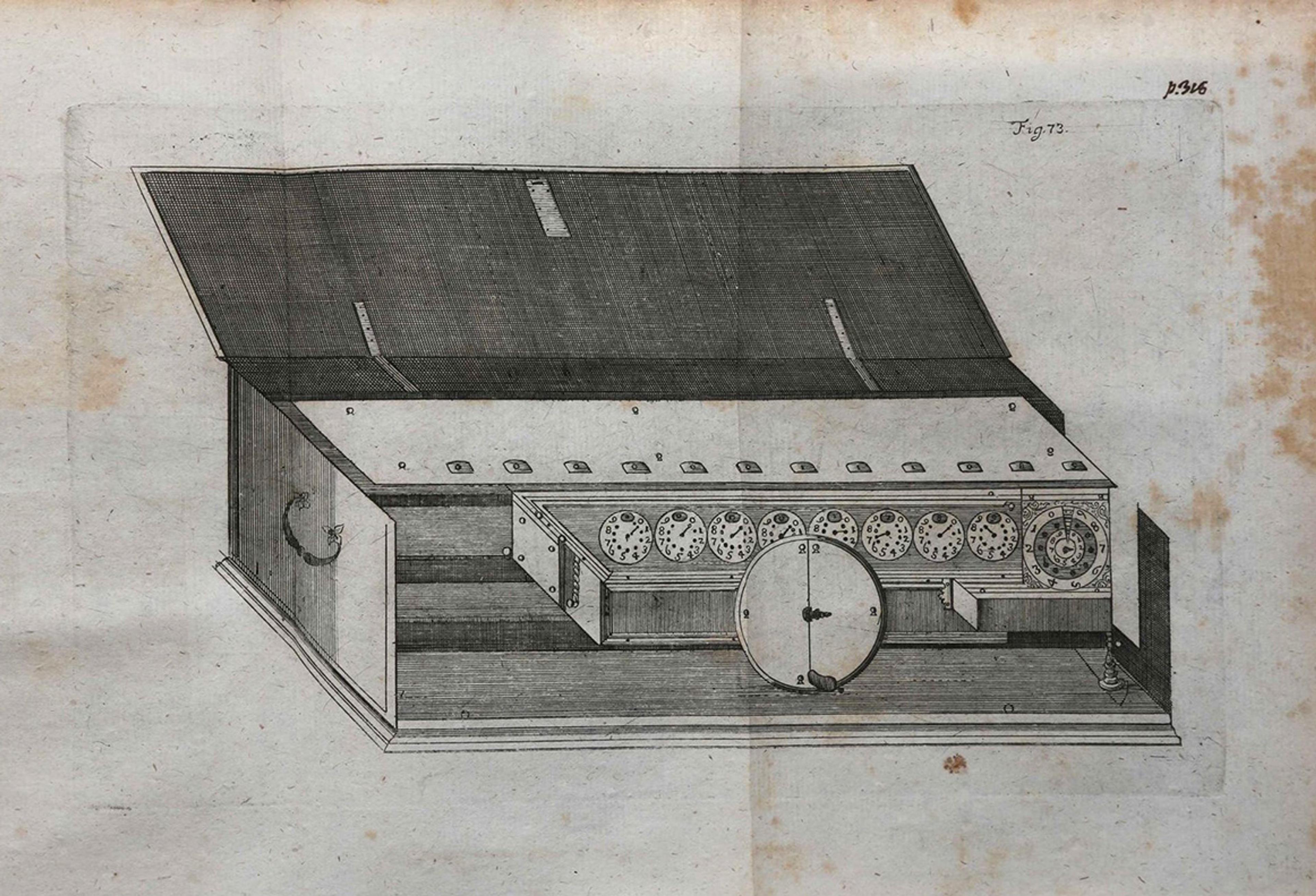 Engraving of an early mechanical calculator with visible gears and dials on a tabletop design.