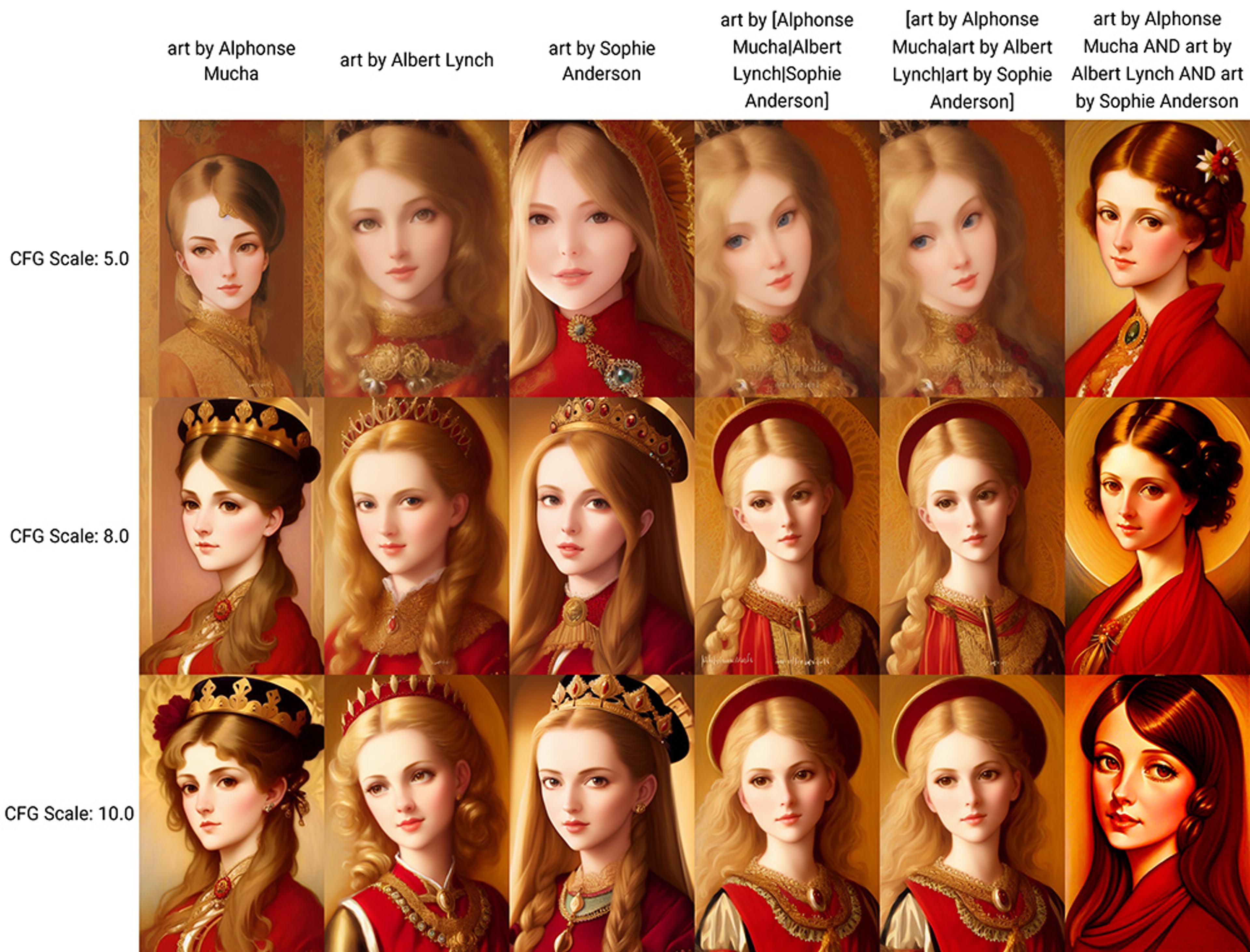 Grid of 18 AI-generated digital paintings of women in historical attire in the style of various artists.
