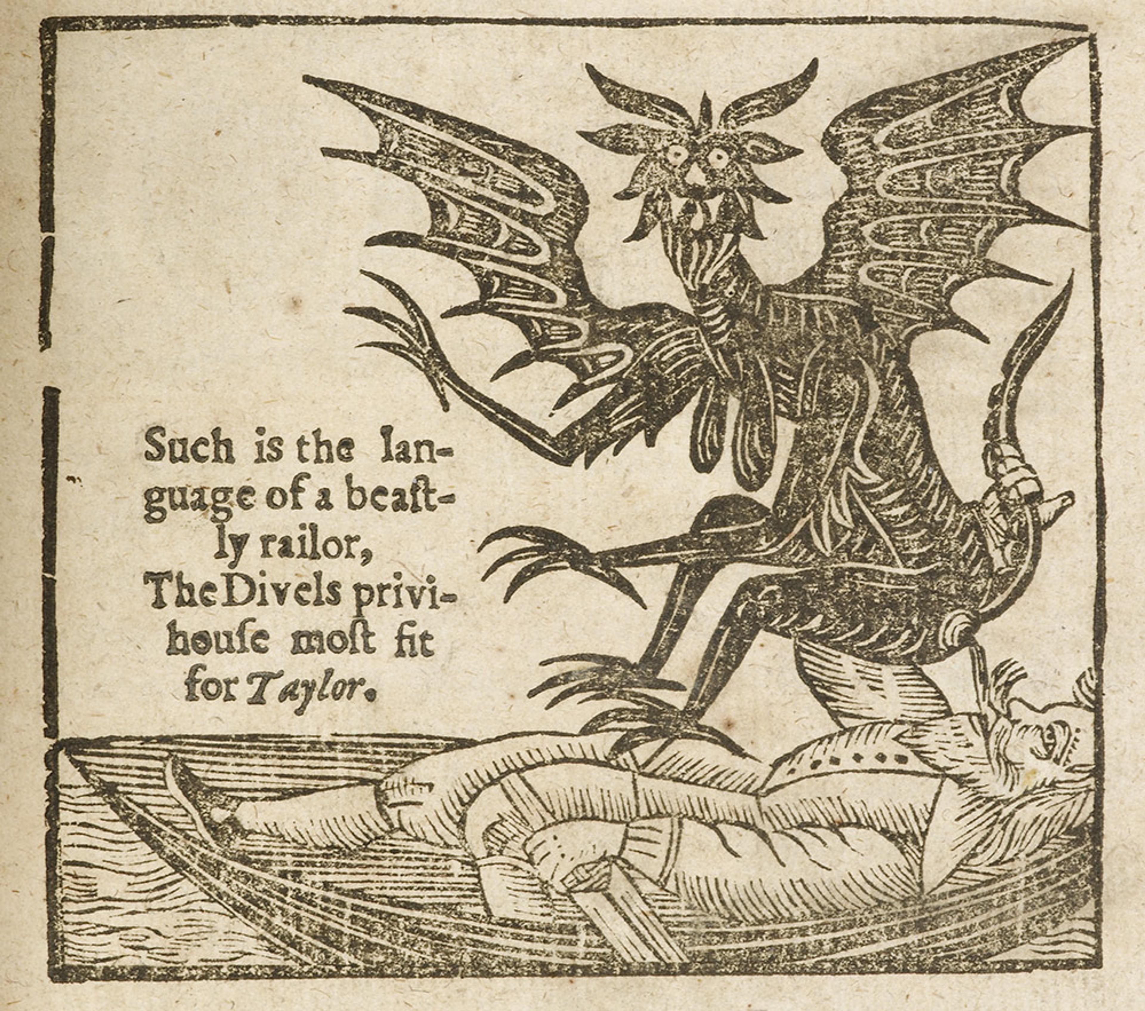 Woodcut of a demonic creature with wings resting on a man lying in a boat, text to the left reads “Such is the language of a beastly railor.”