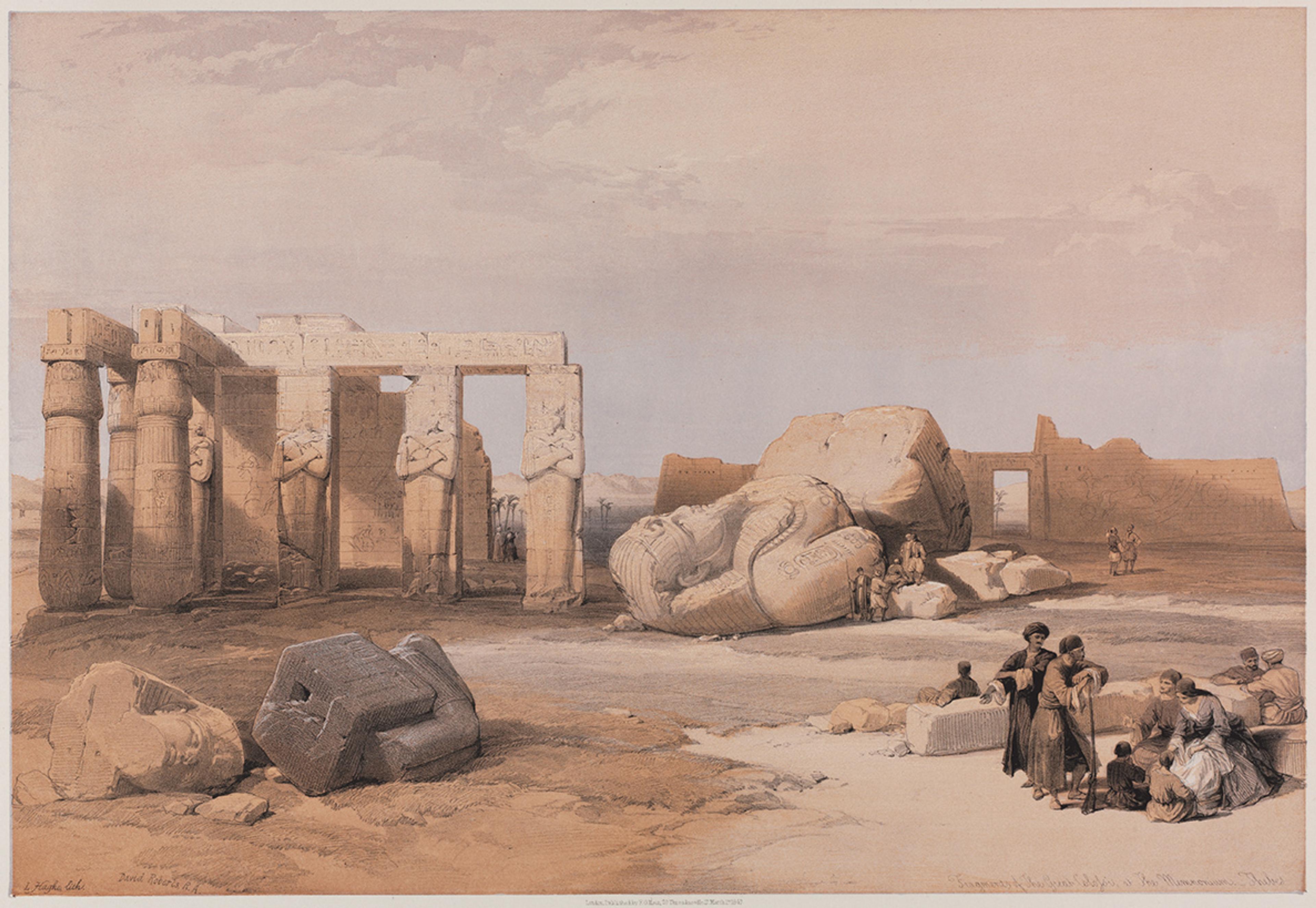 Painting of ancient Egyptian ruins with fallen statues and people gathered around in the foreground.