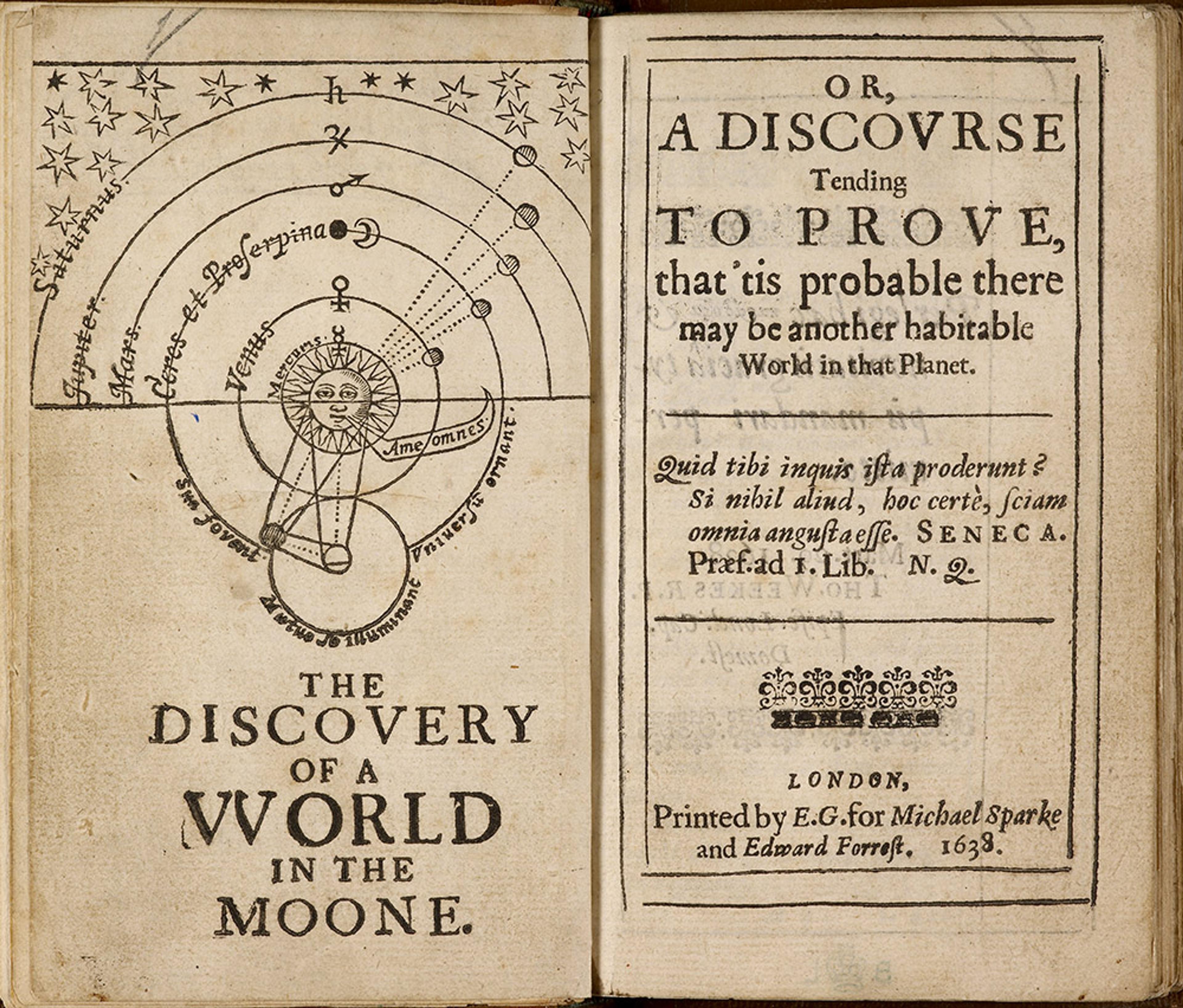 Scan of a 1638 book called “The Discovery of a World in the Moone” featuring an astronomical diagram and text on facing pages.
