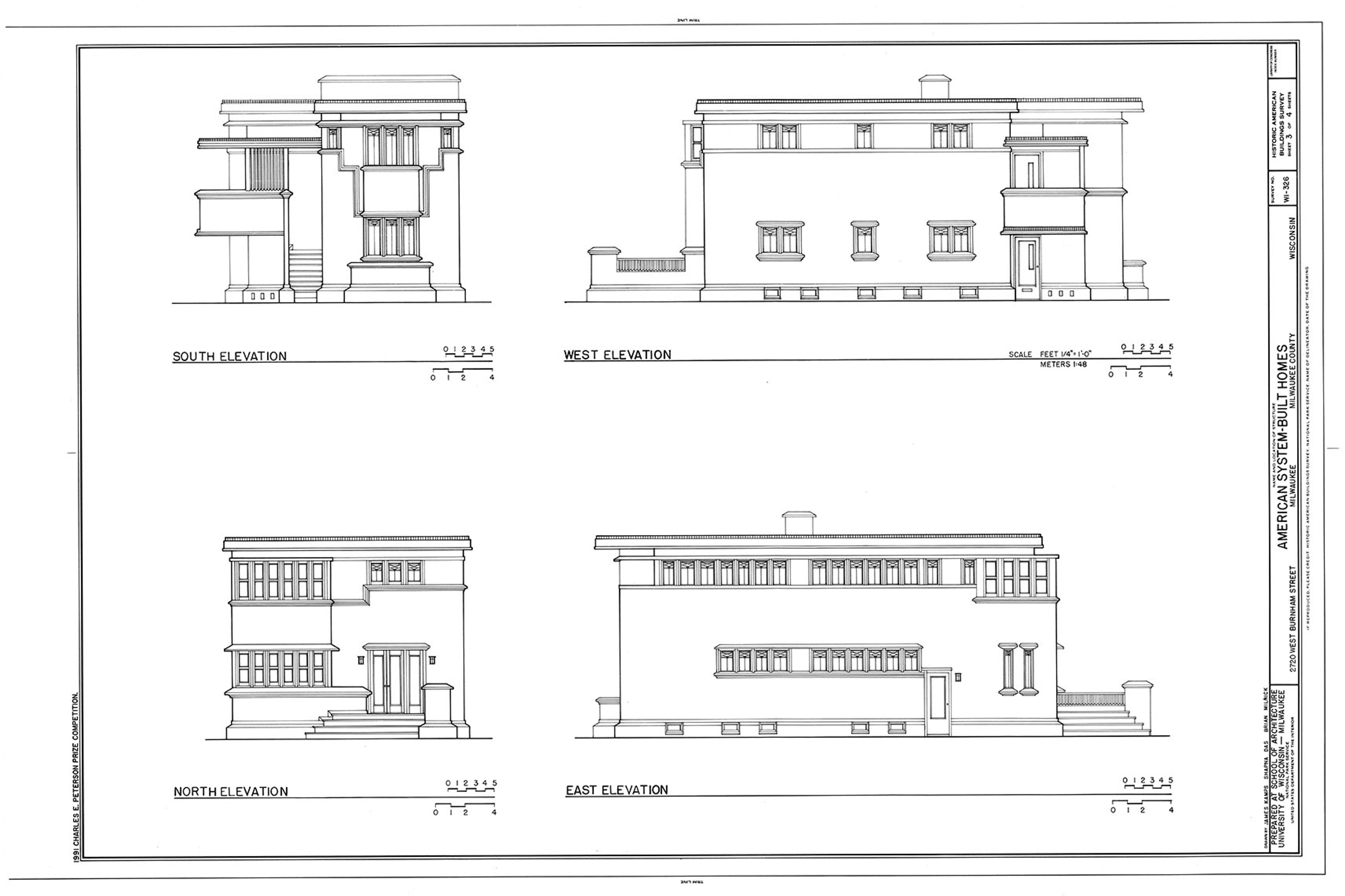 Architectural drawing showing south, west, north, east elevations of a house design by Frank Lloyd Wright.