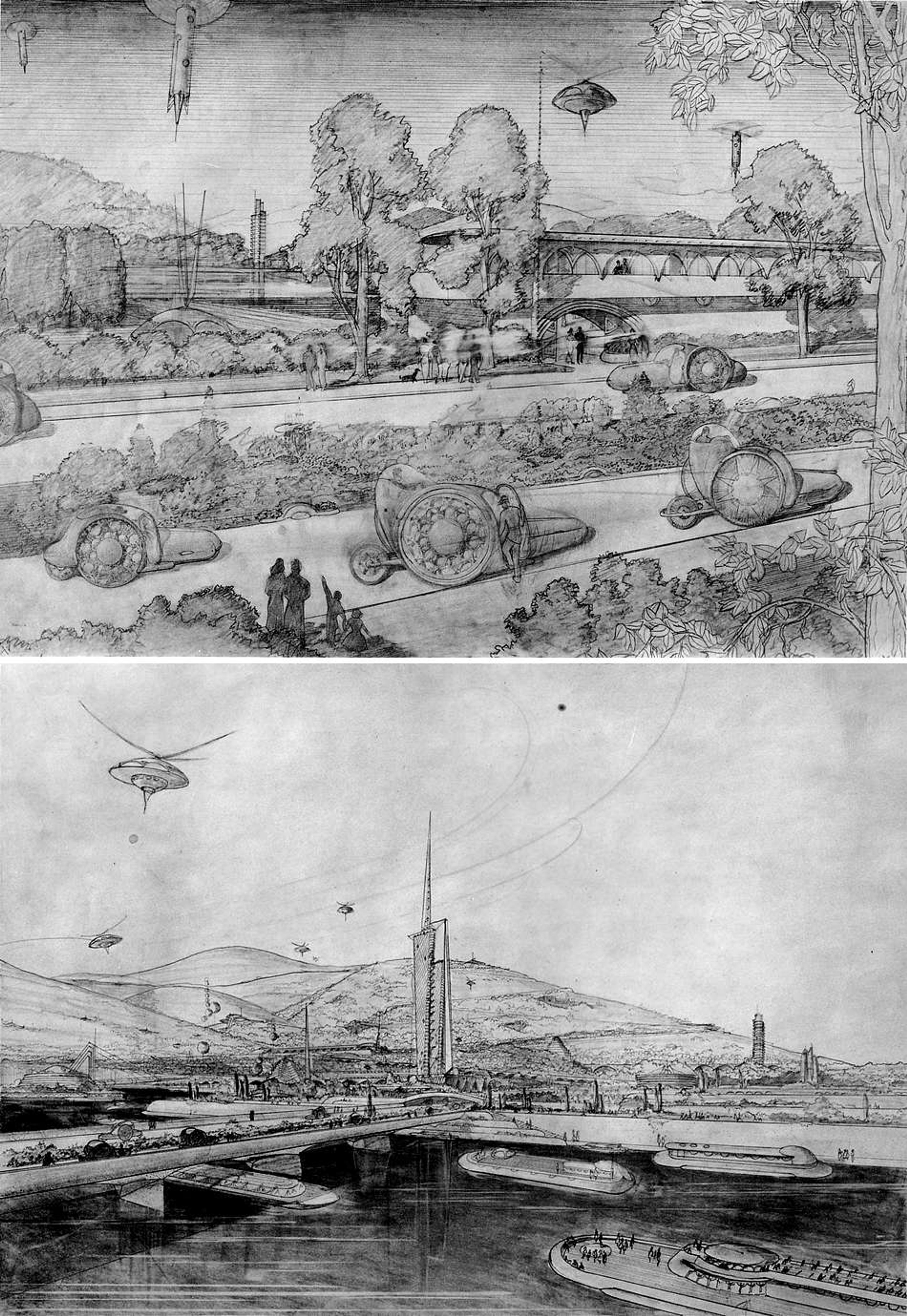 Futuristic pencil sketches depicting cities with flying vehicles, tall buildings and greenery.