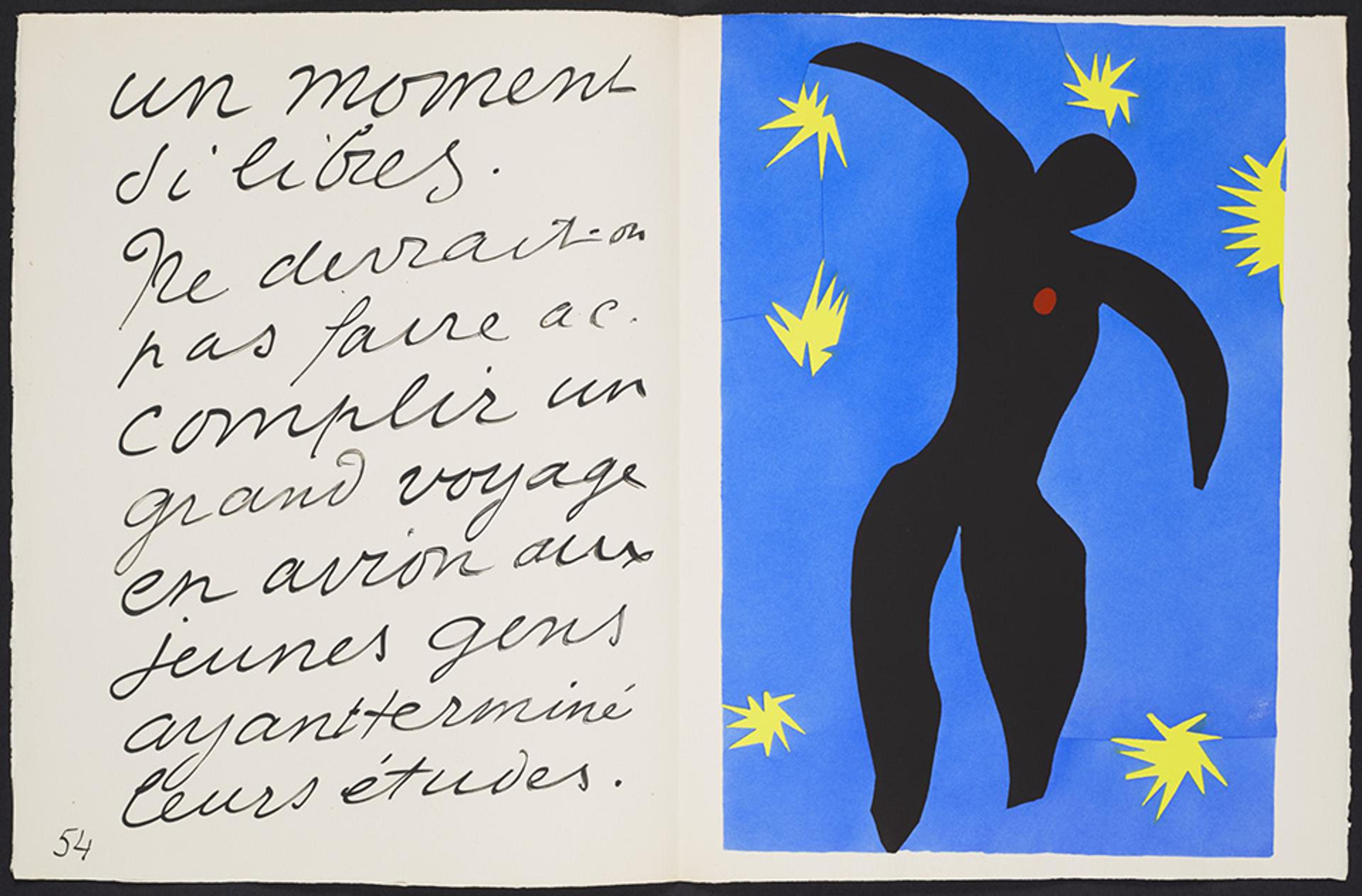 Painting of a black figure on a blue background with yellow stars. French text handwritten on left side.