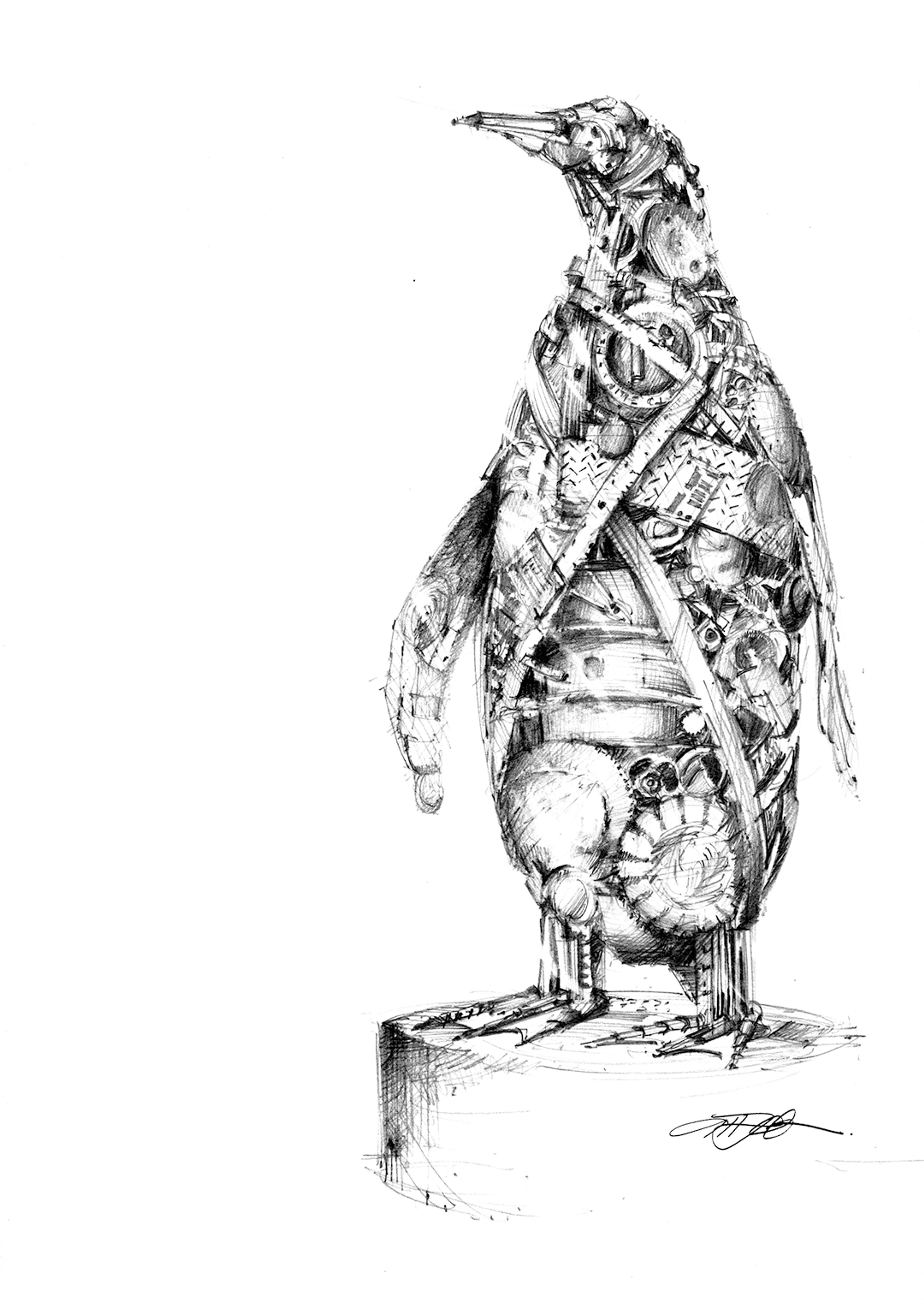 Sketch of a penguin sculpture made from mechanical parts on a pedestal.