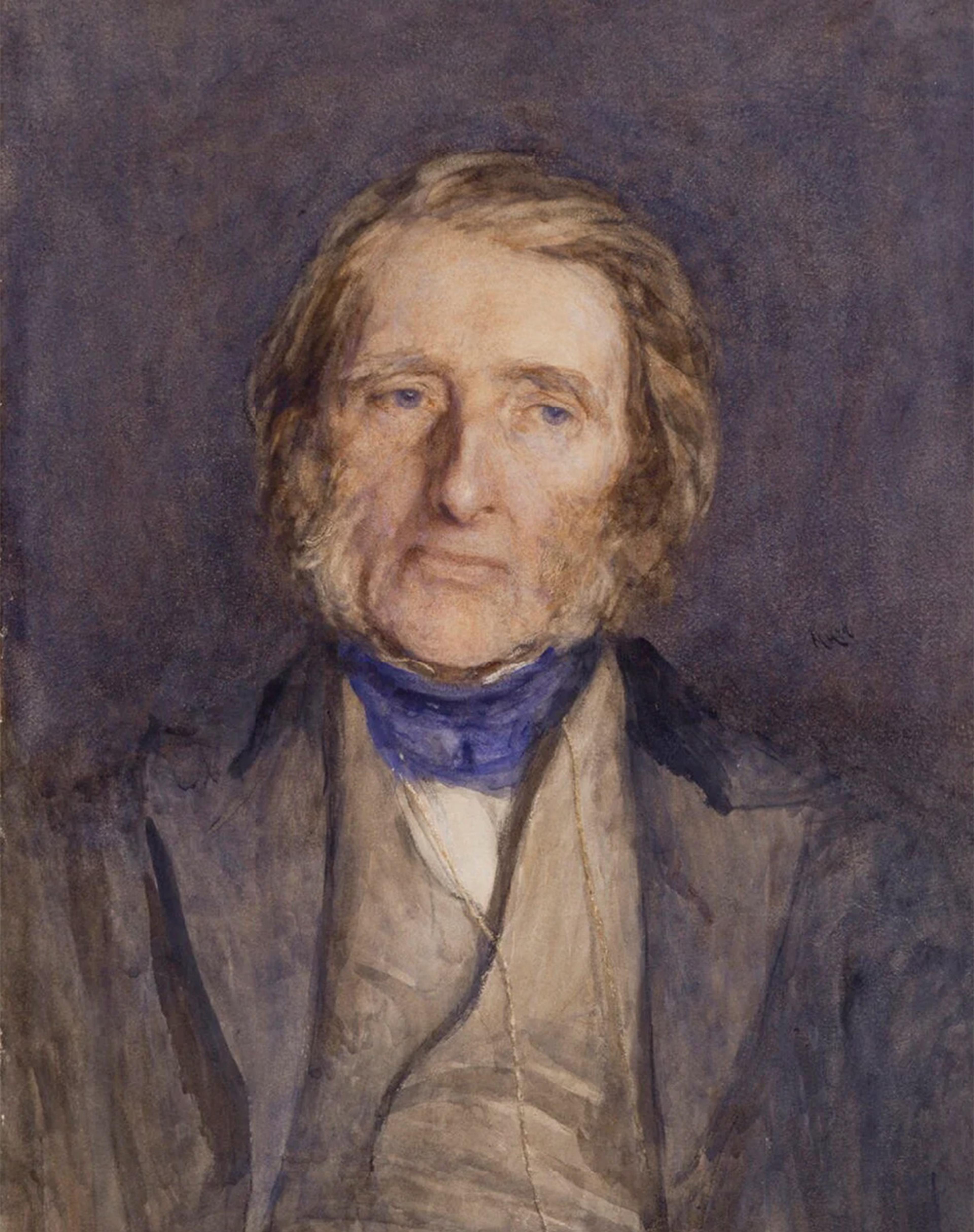 Watercolour painting of an older man with sideburns in a suit and blue cravat, set against a muted background.