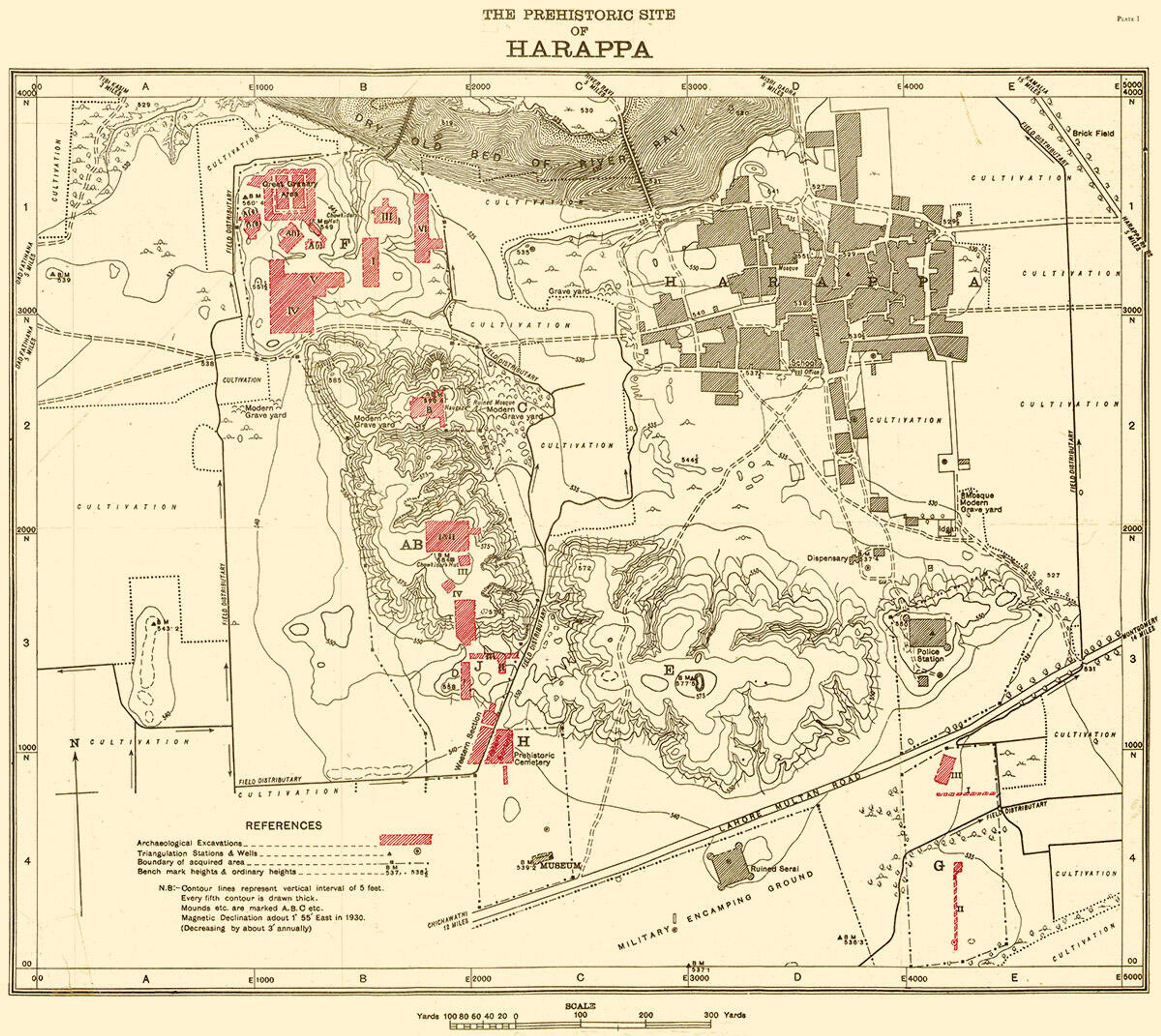 Antique map of the prehistoric site of Harappa with excavation areas marked in red.
