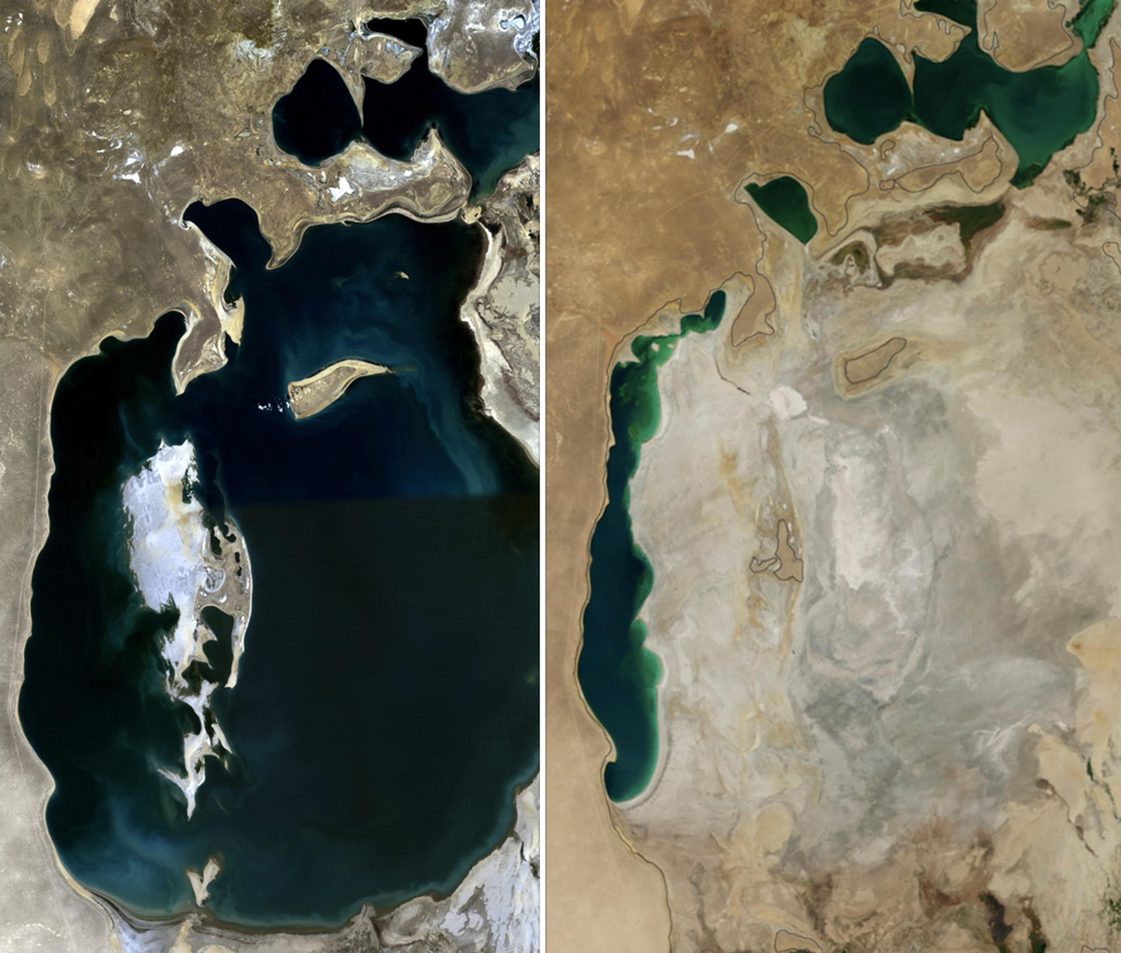 Satellite photo shows the Aral Sea in 1989 and 2014 demonstrating significant shrinkage over time.