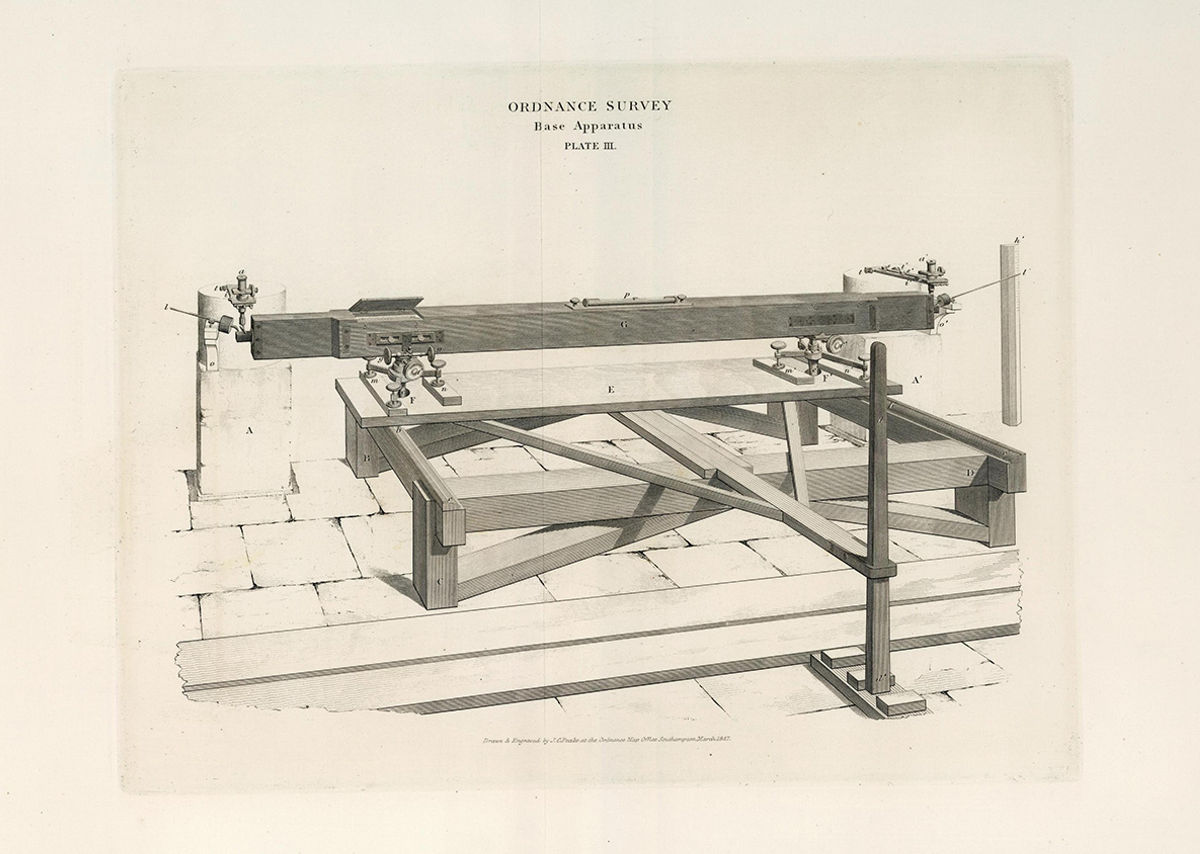 Engraving of an ordnance survey base apparatus with detailed mechanical components on a tiled floor.