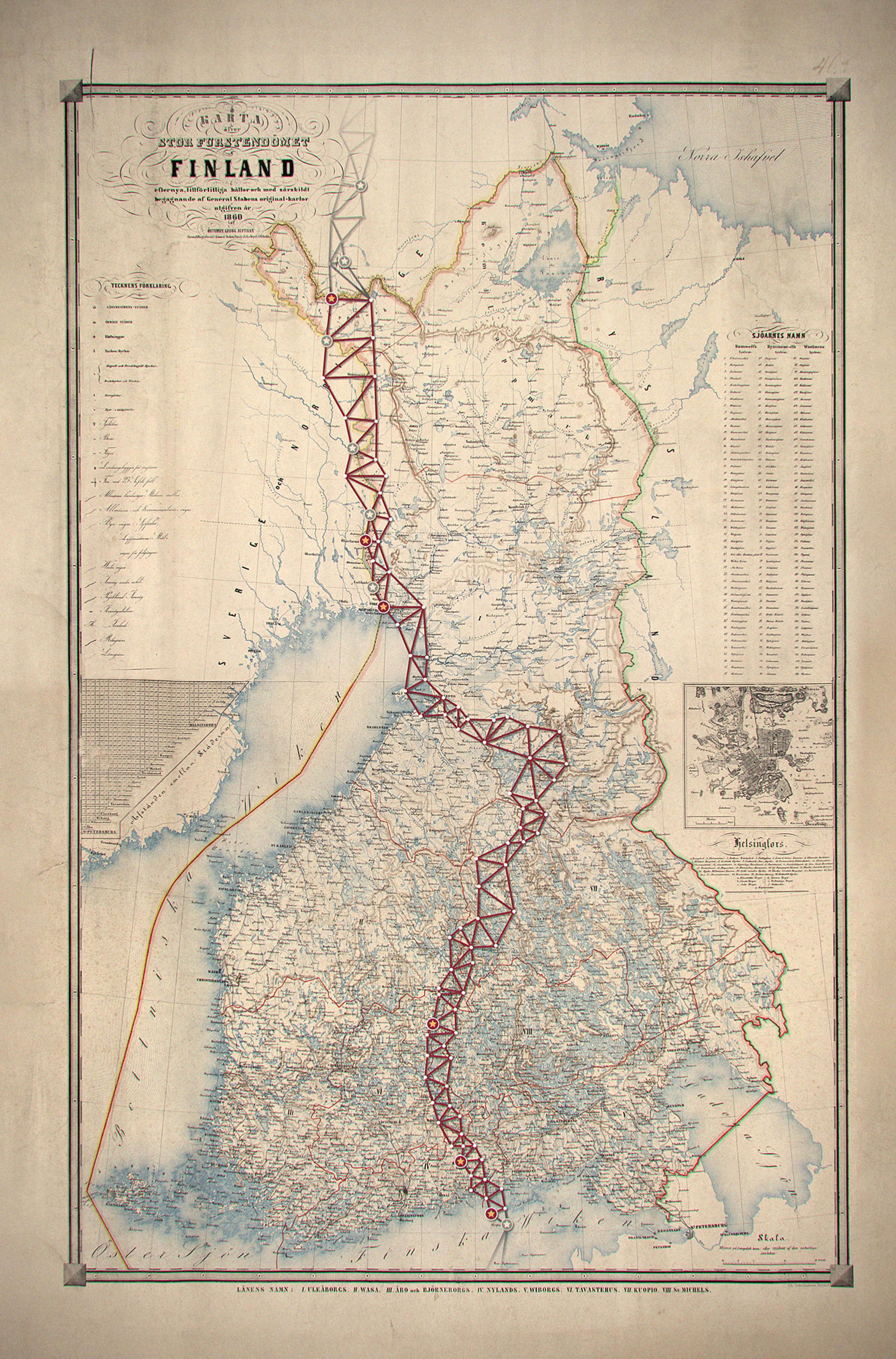 Antique map of Finland from 1859 with marked boundaries and a detailed network of red lines, featuring geographic details.